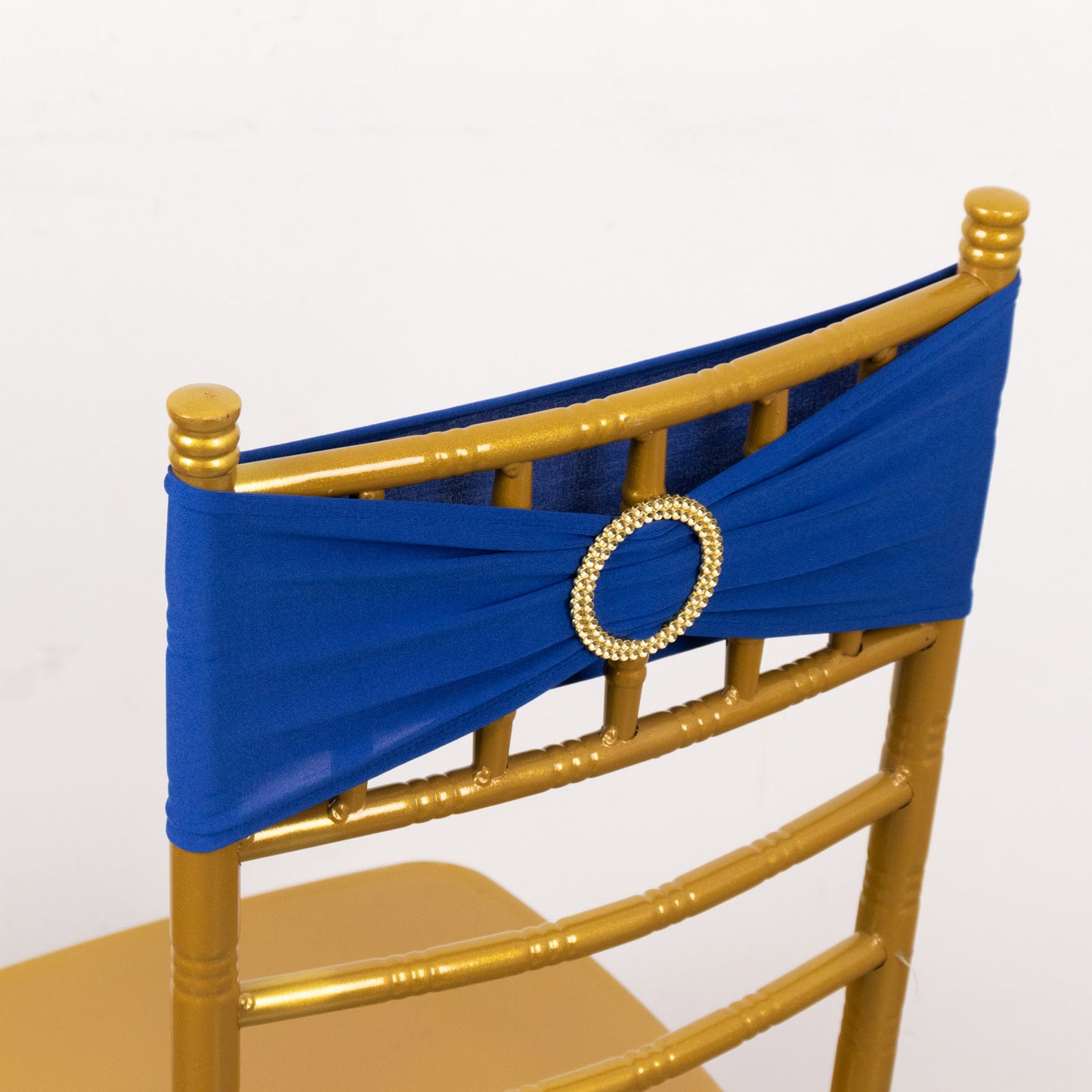 5 Pack Royal Blue Spandex Chair Sashes with Gold Diamond Buckles, Elegant Stretch Chair Bands and Slide On Brooch Set - 5"x14"