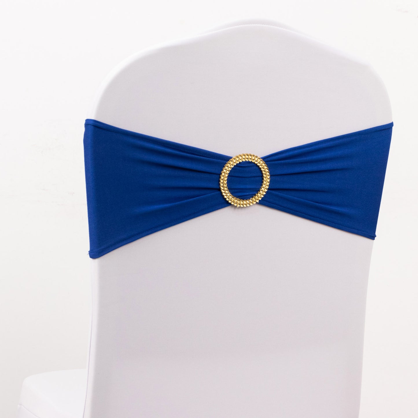 5 Pack Royal Blue Spandex Chair Sashes with Gold Diamond Buckles, Elegant Stretch Chair Bands and Slide On Brooch Set - 5"x14"