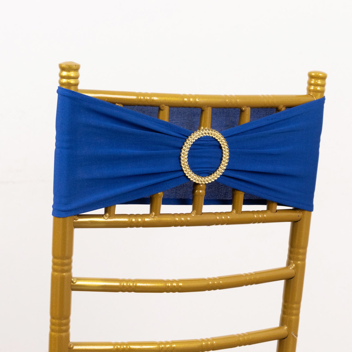 5 Pack Royal Blue Spandex Chair Sashes with Gold Diamond Buckles, Elegant Stretch Chair Bands and Slide On Brooch Set - 5"x14"