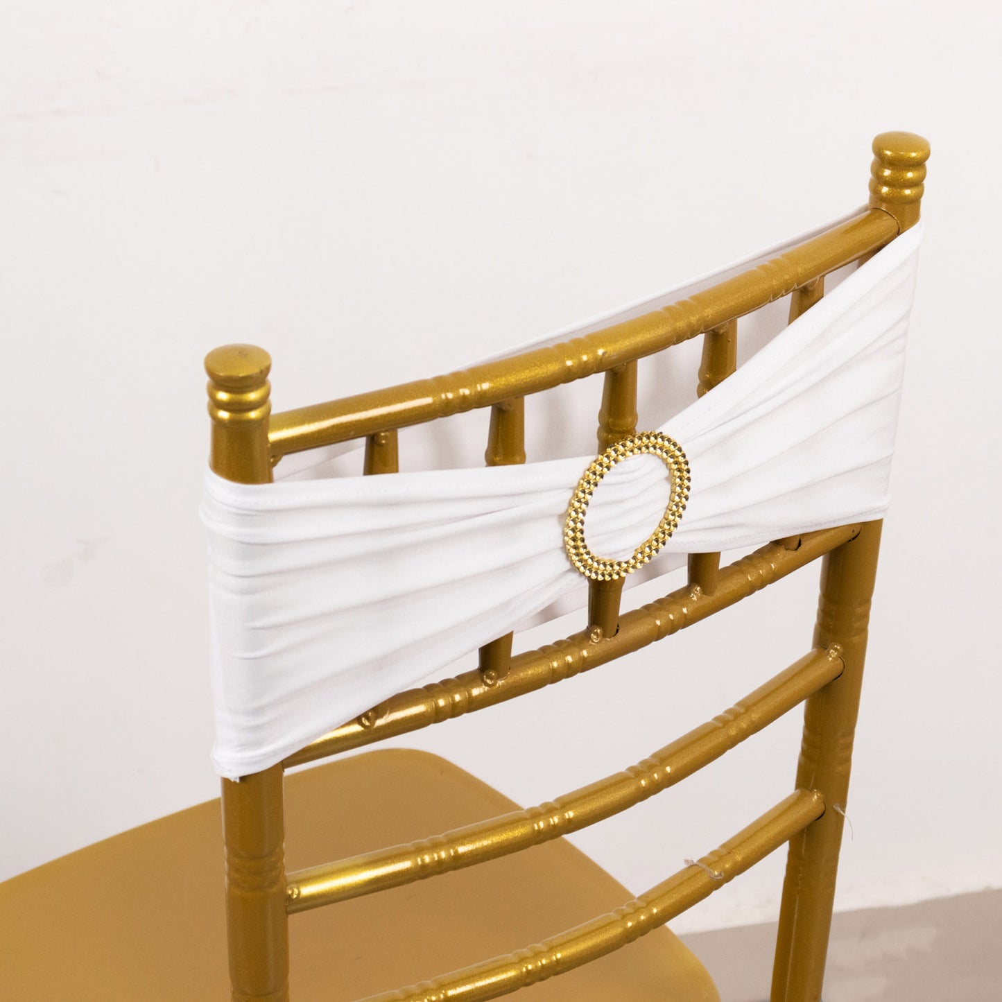 5 Pack White Spandex Chair Sashes with Gold Diamond Buckles, Elegant Stretch Chair Bands and Slide On Brooch Set - 5"x14"