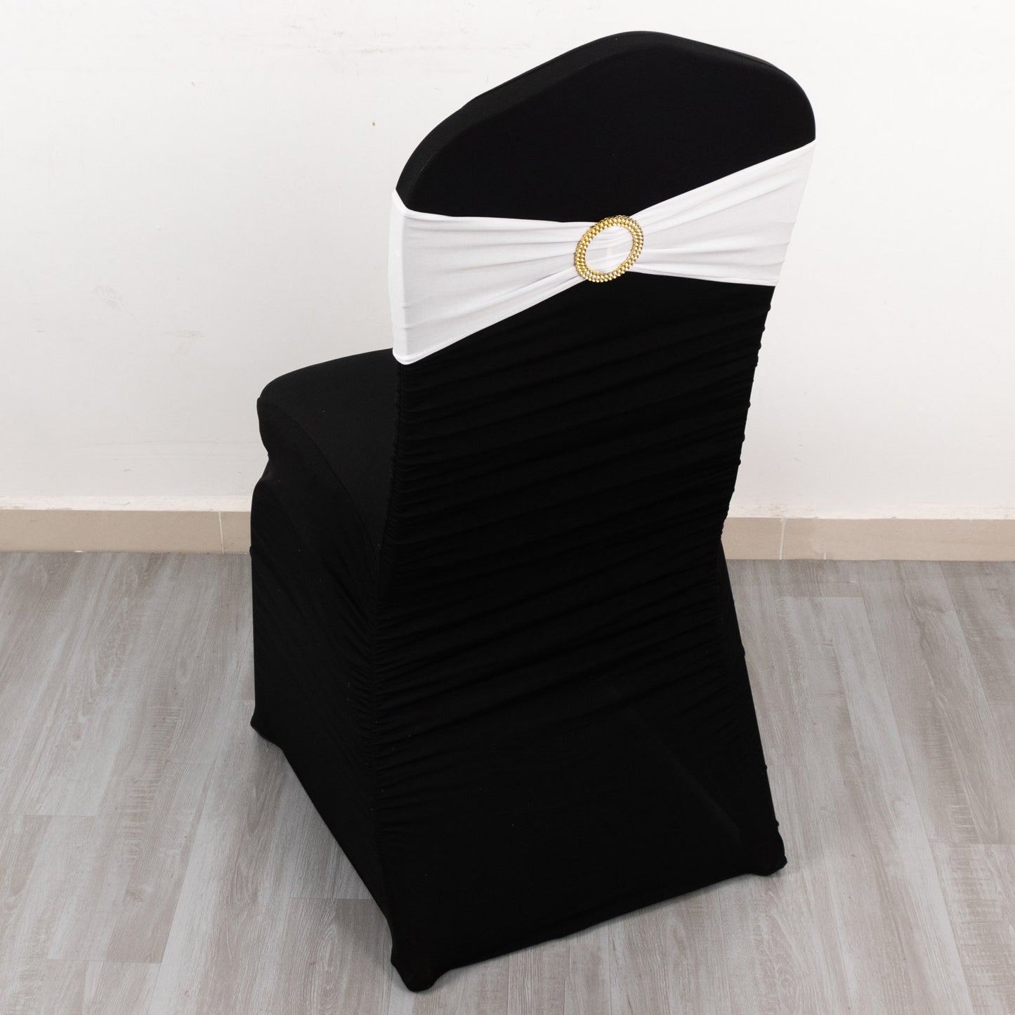 5 Pack White Spandex Chair Sashes with Gold Diamond Buckles, Elegant Stretch Chair Bands and Slide On Brooch Set - 5"x14"