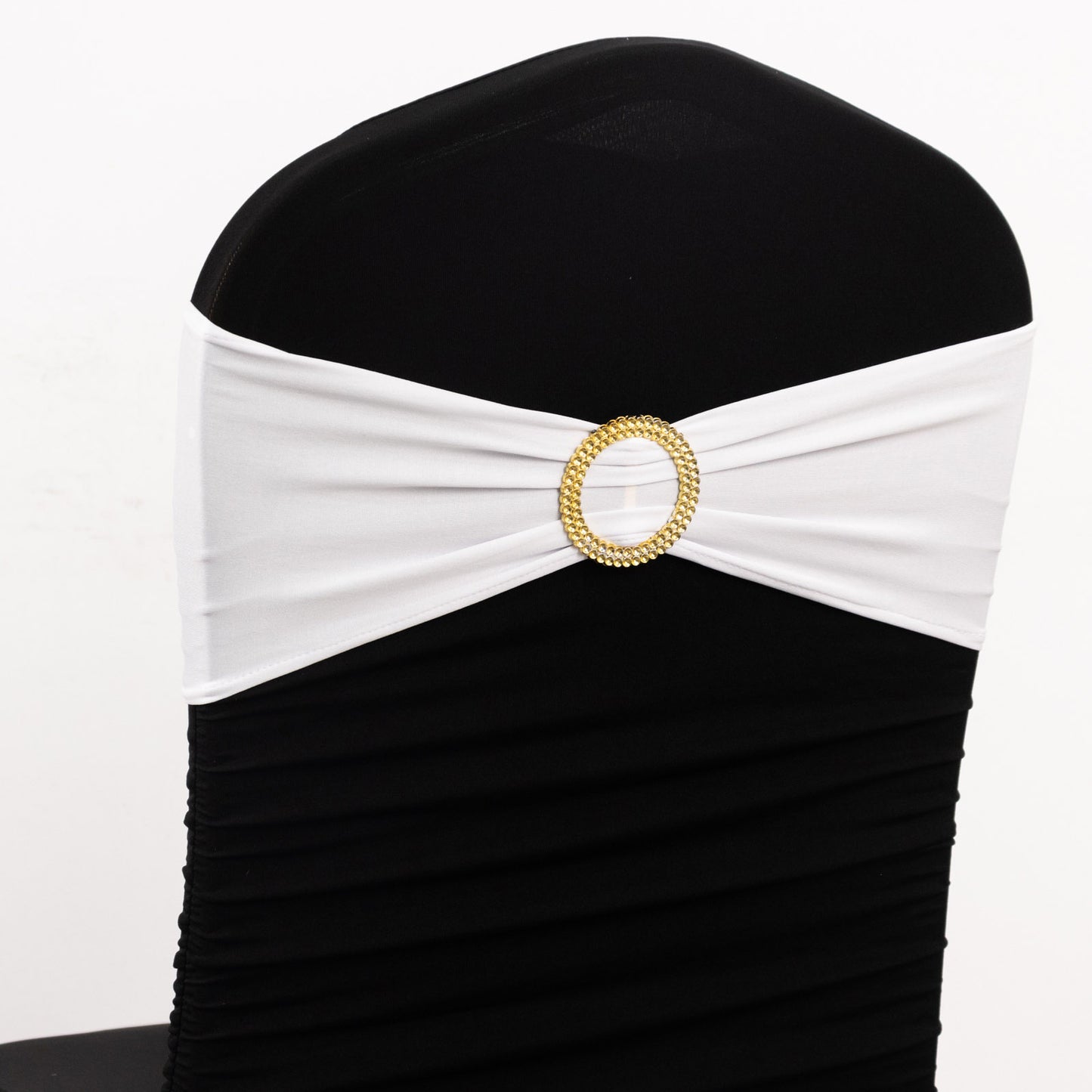 5 Pack White Spandex Chair Sashes with Gold Diamond Buckles, Elegant Stretch Chair Bands and Slide On Brooch Set - 5"x14"