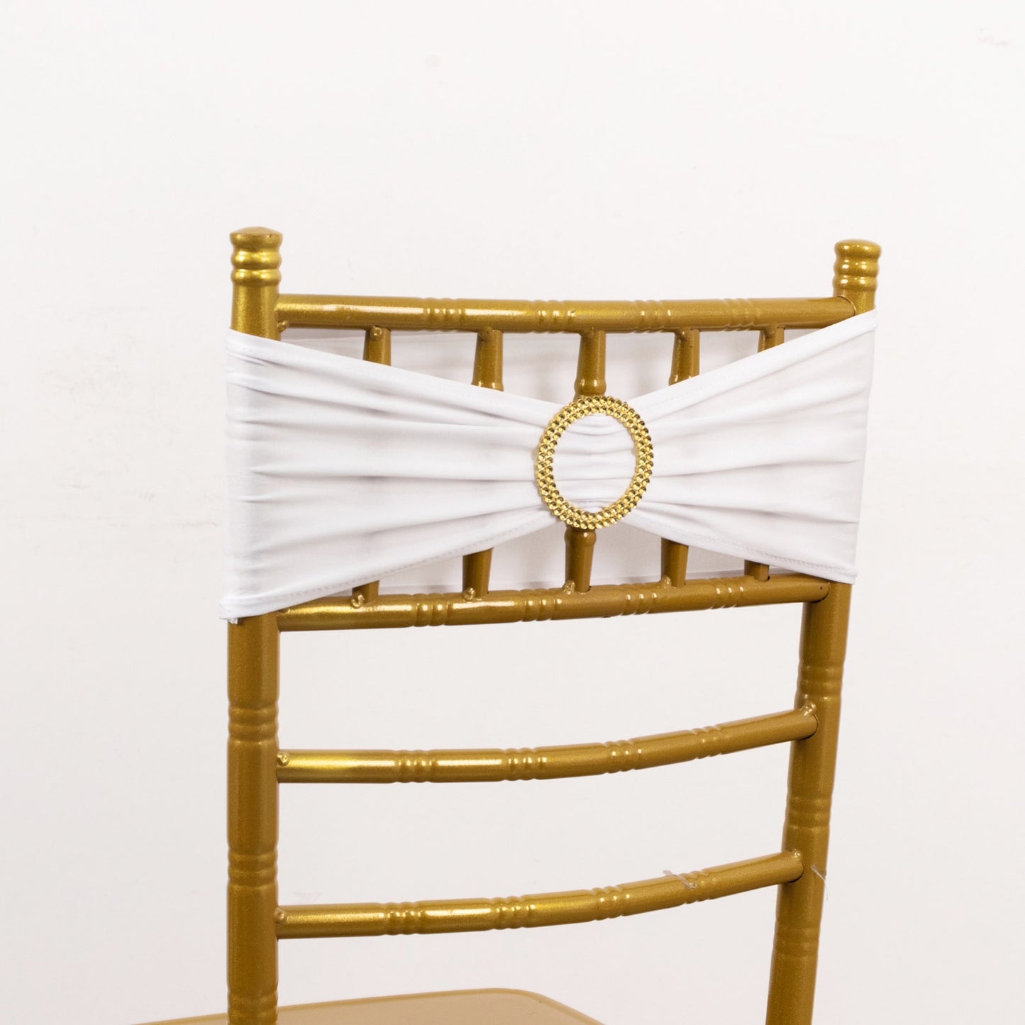 5 Pack White Spandex Chair Sashes with Gold Diamond Buckles, Elegant Stretch Chair Bands and Slide On Brooch Set - 5"x14"