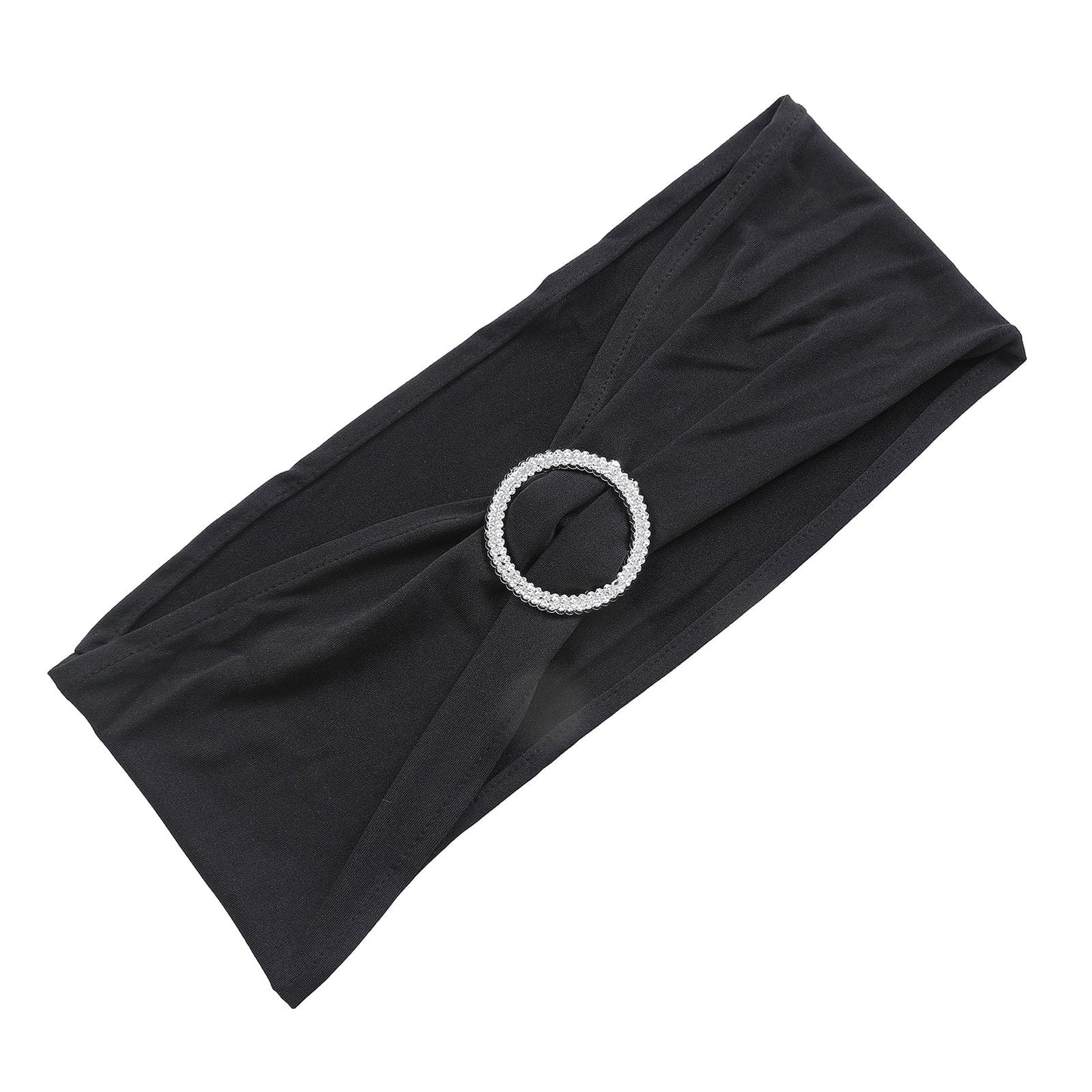 5 Pack Of Black Spandex Stretch Chair Sashes 5 Inch x 14 Inch With Silver Diamond Ring Slide Buckle