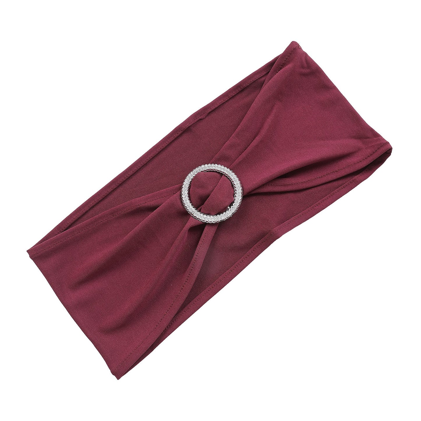 5 Pack Of Burgundy Spandex Stretch Chair Sashes 5 Inch x 14 Inch With Silver Diamond Ring Slide Buckle