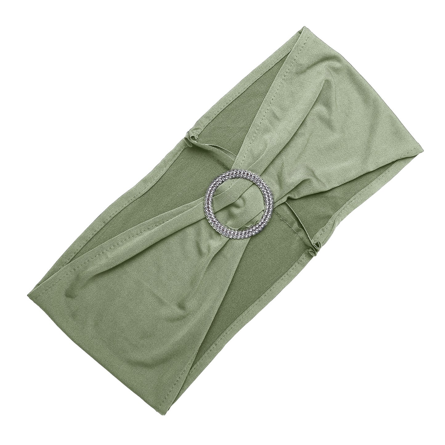 5 Pack | Dusty Sage Green Spandex Stretch Chair Sashes with Silver Diamond Ring Slide Buckle | 5"x14"