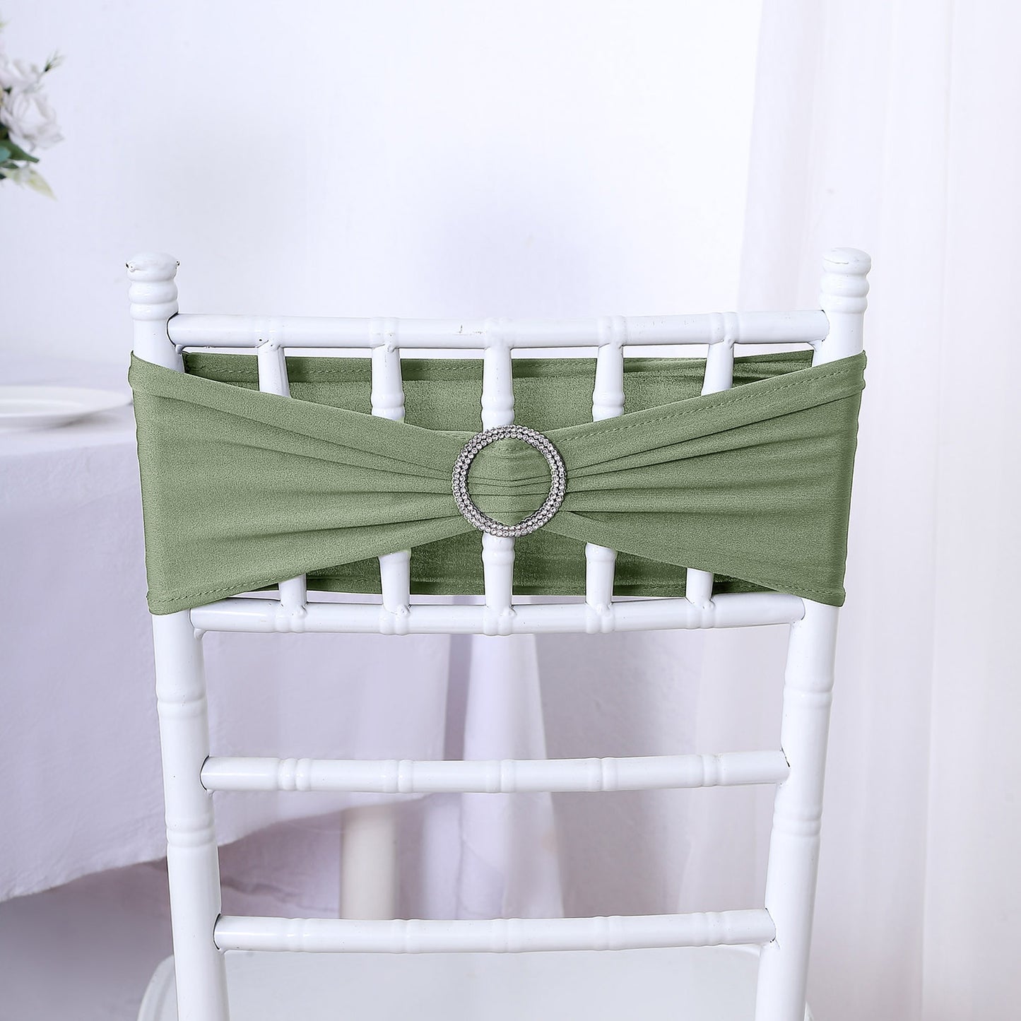 5 Pack | Dusty Sage Green Spandex Stretch Chair Sashes with Silver Diamond Ring Slide Buckle | 5"x14"