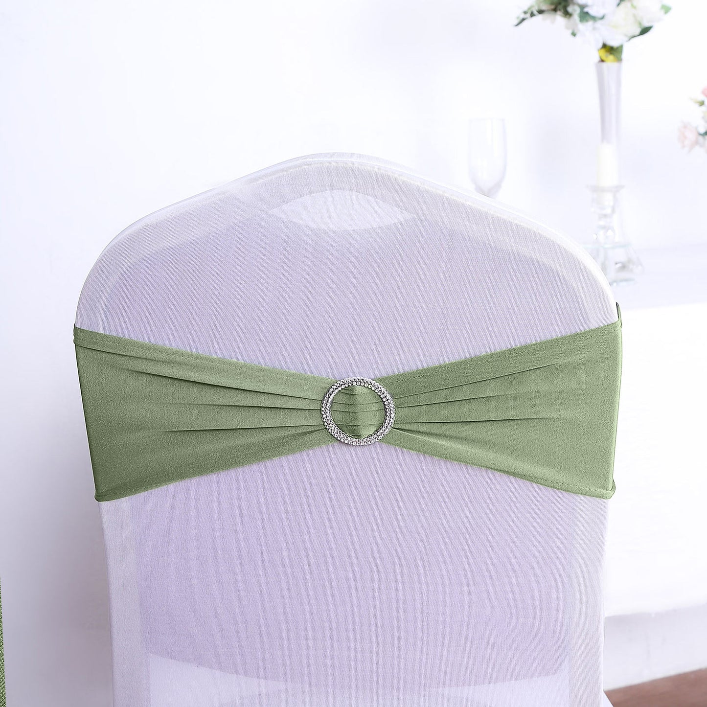 5 Pack | Dusty Sage Green Spandex Stretch Chair Sashes with Silver Diamond Ring Slide Buckle | 5"x14"