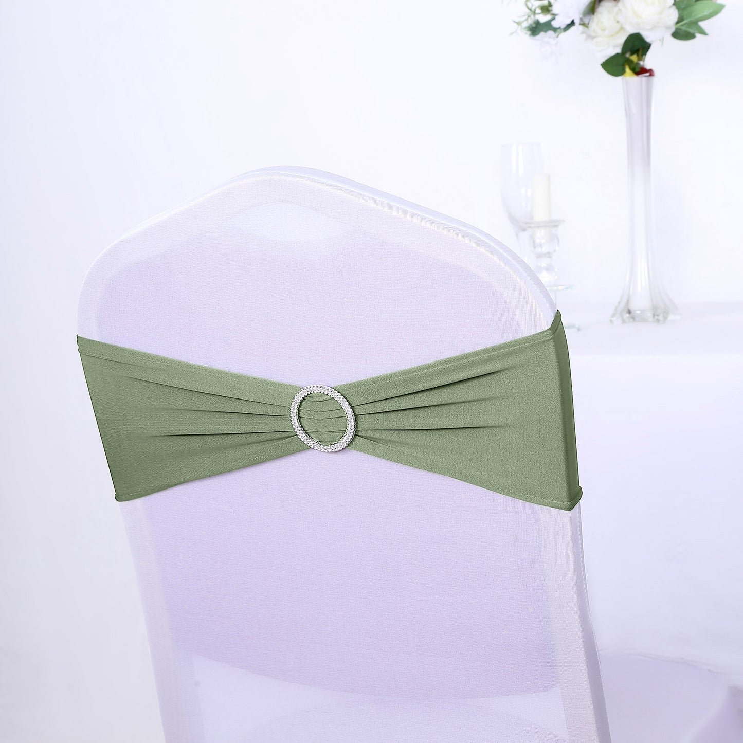 5 Pack | Dusty Sage Green Spandex Stretch Chair Sashes with Silver Diamond Ring Slide Buckle | 5"x14"