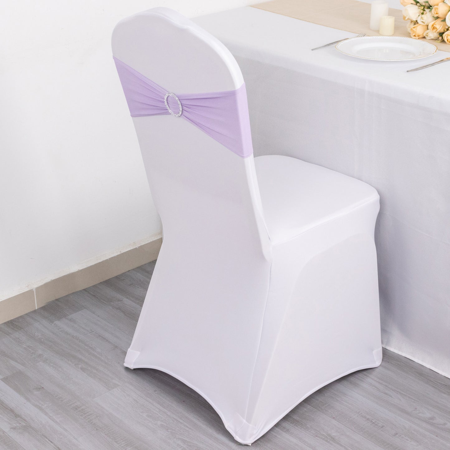 5 Pack | Lavender Lilac Spandex Stretch Chair Sashes with Silver Diamond Ring Slide Buckle | 5"x14"