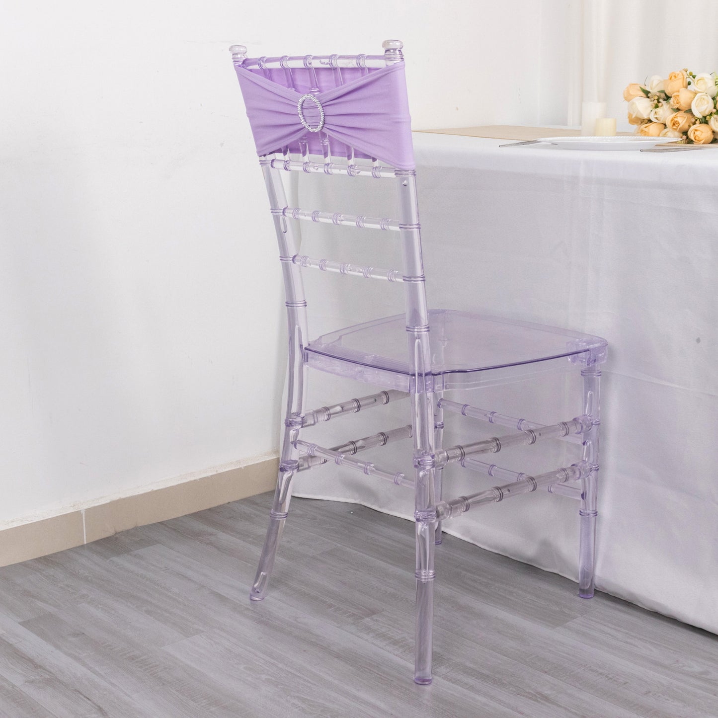 5 Pack | Lavender Lilac Spandex Stretch Chair Sashes with Silver Diamond Ring Slide Buckle | 5"x14"