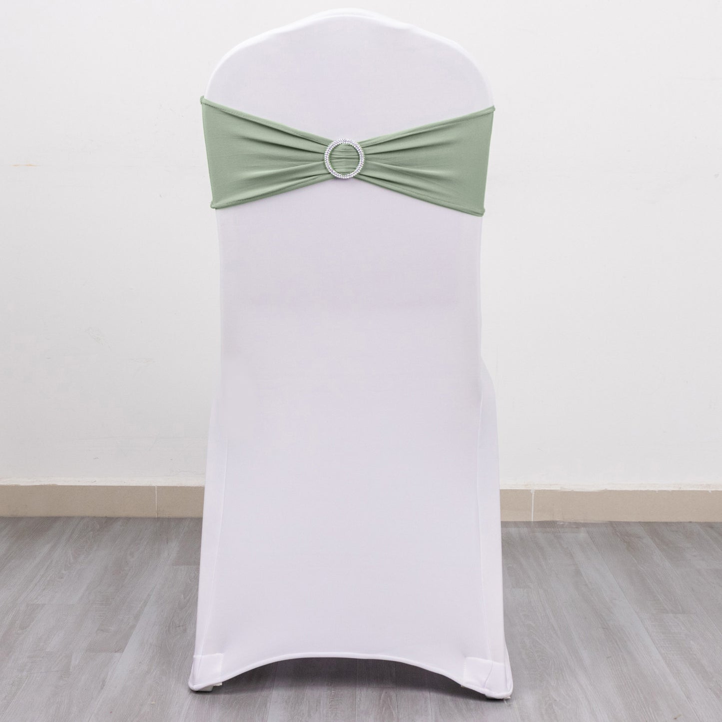 5 Pack | Sage Green Spandex Stretch Chair Sashes with Silver Diamond Ring Slide Buckle | 5"x14"