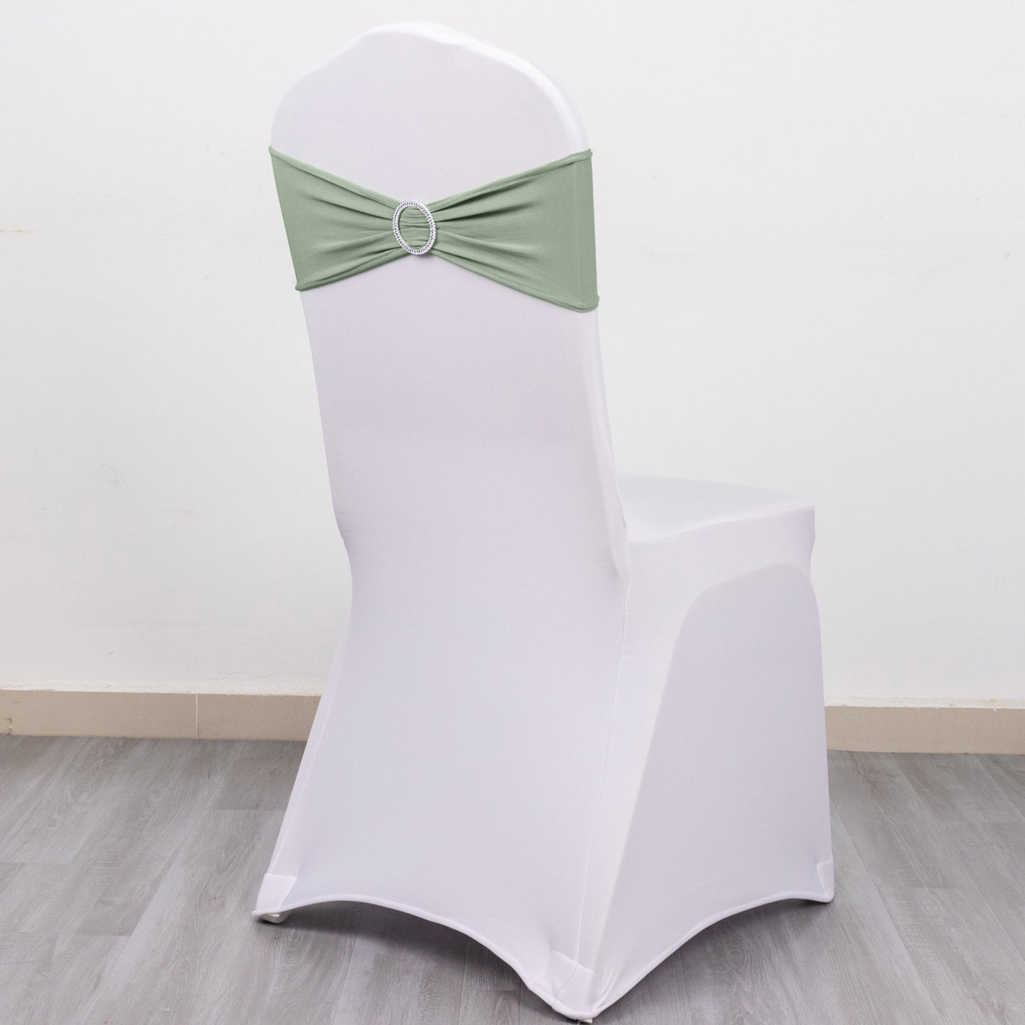 5 Pack | Sage Green Spandex Stretch Chair Sashes with Silver Diamond Ring Slide Buckle | 5"x14"