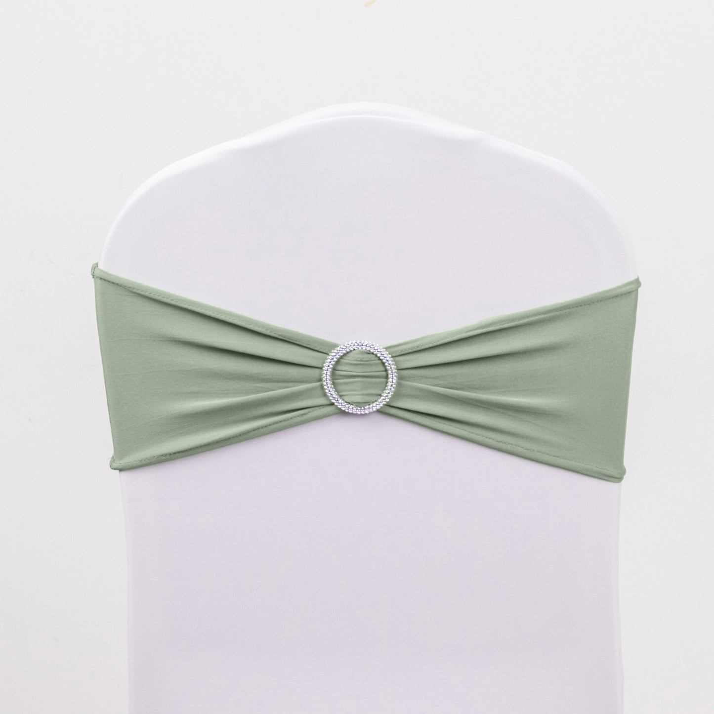 5 Pack | Sage Green Spandex Stretch Chair Sashes with Silver Diamond Ring Slide Buckle | 5"x14"