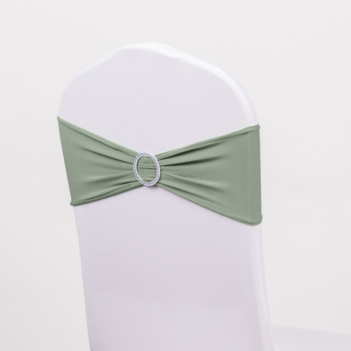 5 Pack | Sage Green Spandex Stretch Chair Sashes with Silver Diamond Ring Slide Buckle | 5"x14"