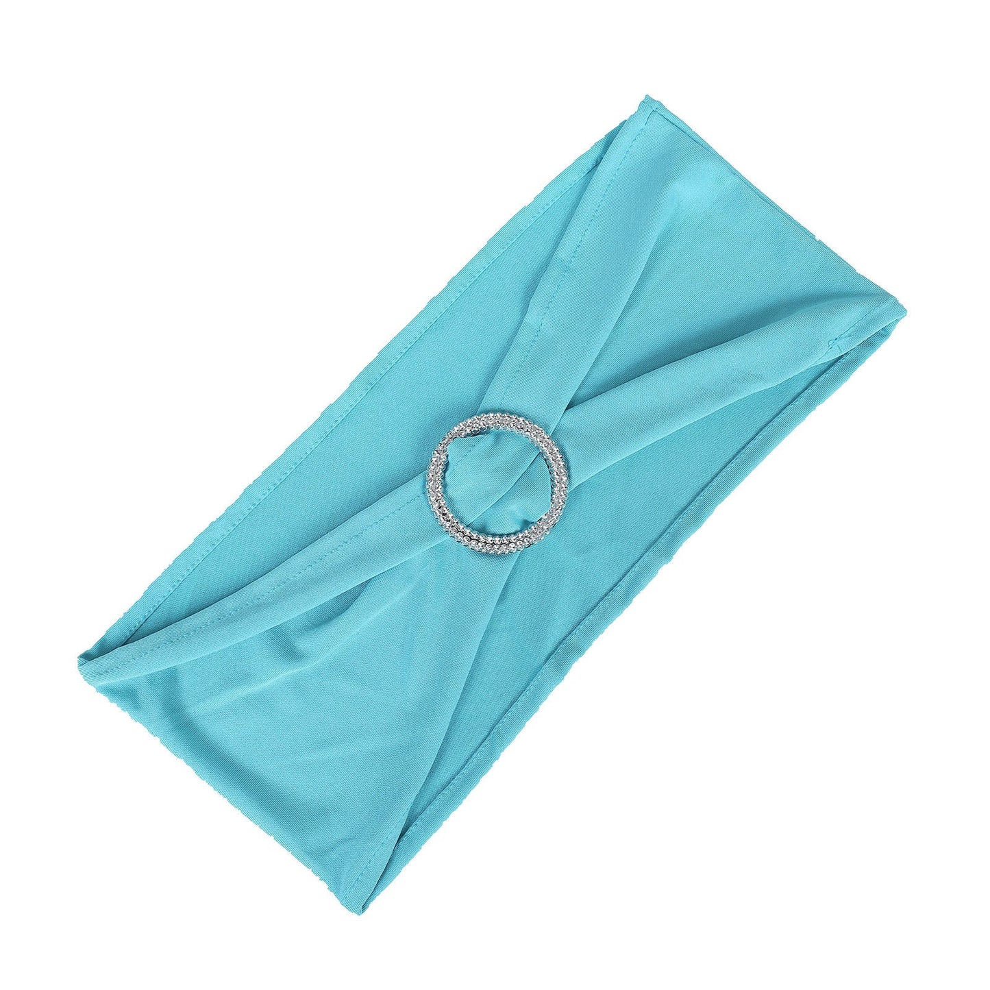 5 Inch x 14 Inch Stretchable Chair Sashes In Turquoise Spandex With Silver Diamond Ring Buckles