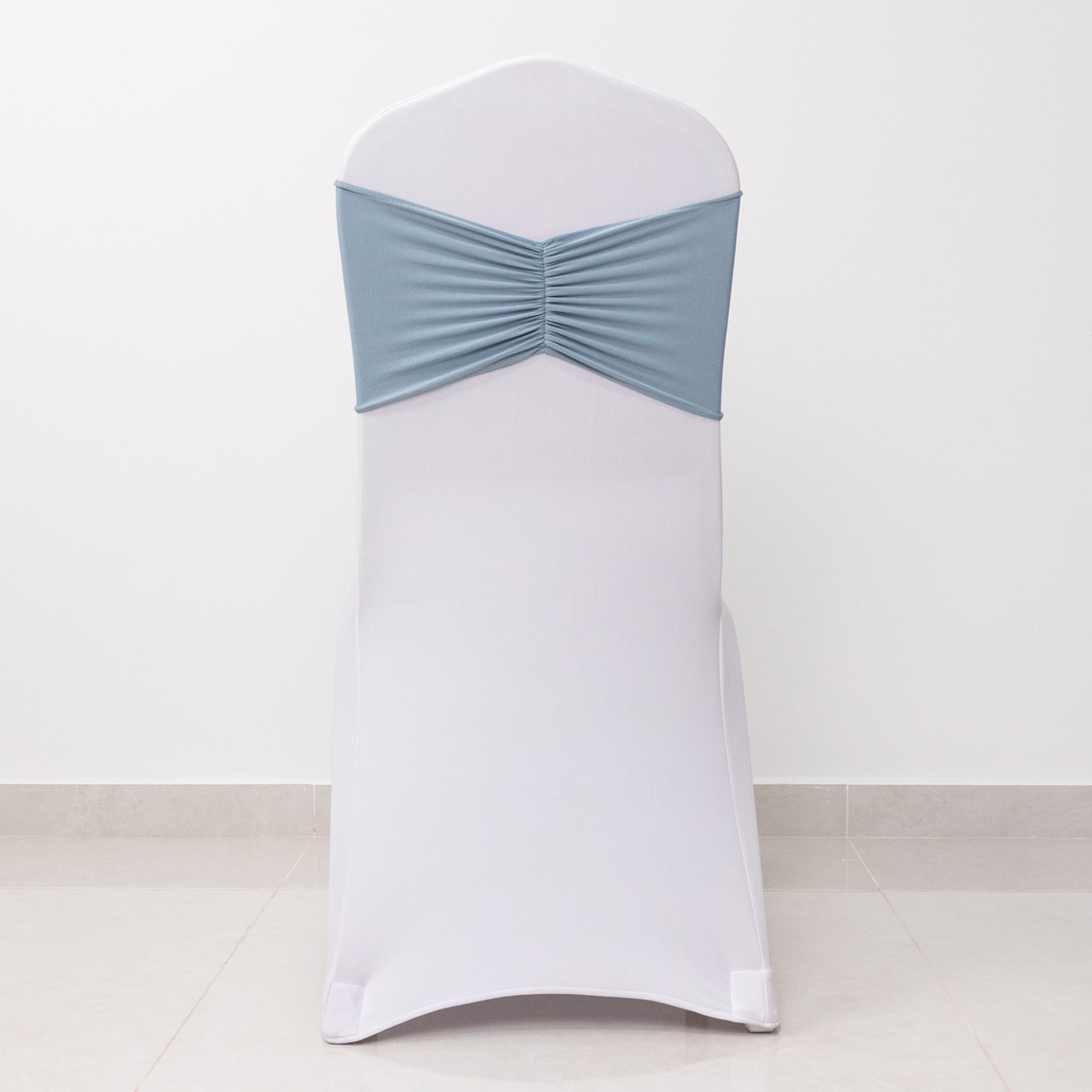 5 Pack Dusty Blue Wide Ruffled Fitted Spandex Chair Sash Band - 8"x13"