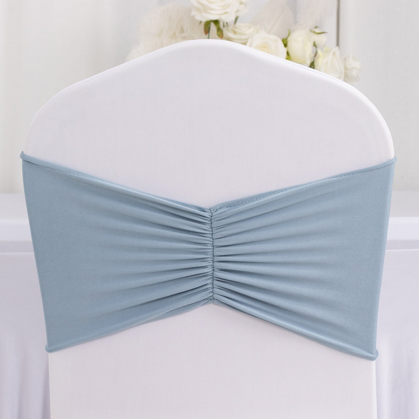 5 Pack Dusty Blue Wide Ruffled Fitted Spandex Chair Sash Band - 8"x13"