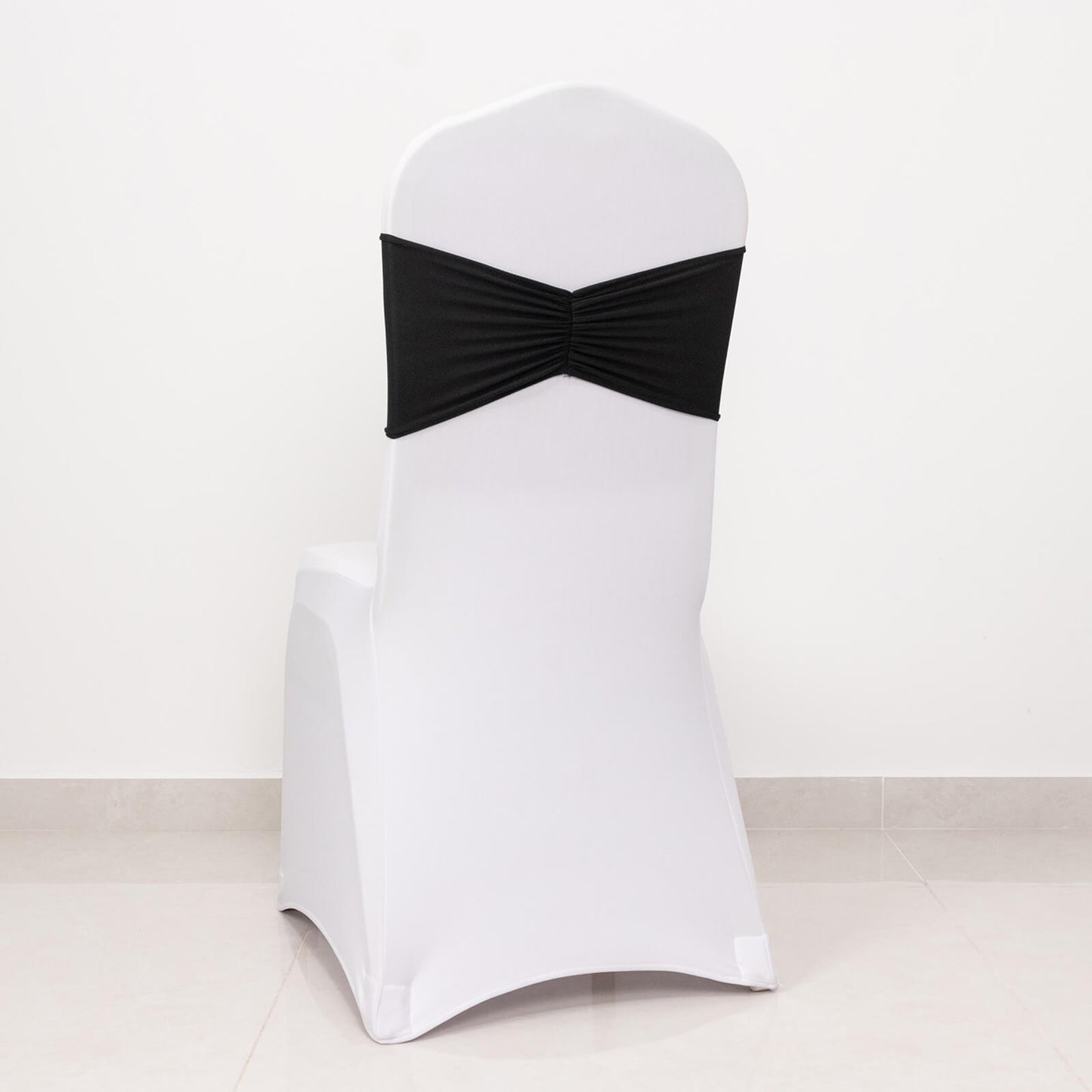 5 Pack Black Wide Ruffled Fitted Spandex Chair Sash Band - 8"x13"