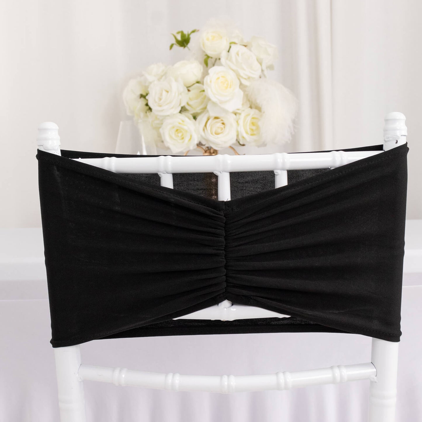 5 Pack Black Wide Ruffled Fitted Spandex Chair Sash Band - 8"x13"