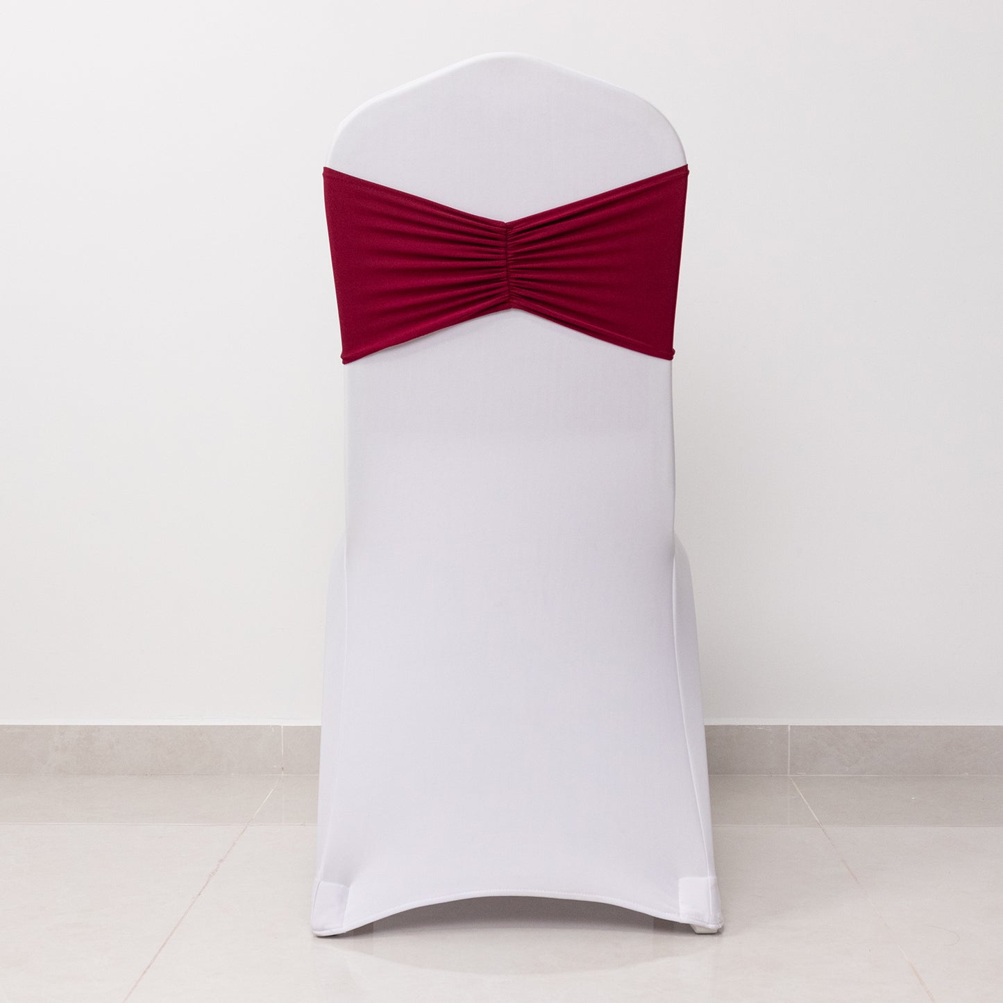 5 Pack Burgundy Wide Ruffled Fitted Spandex Chair Sash Band - 8"x13"