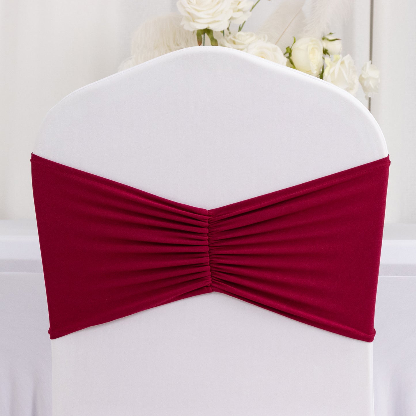 5 Pack Burgundy Wide Ruffled Fitted Spandex Chair Sash Band - 8"x13"