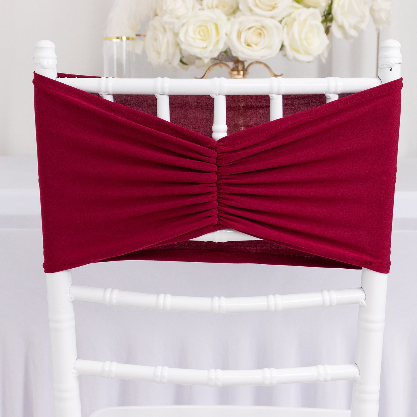 5 Pack Burgundy Wide Ruffled Fitted Spandex Chair Sash Band - 8"x13"