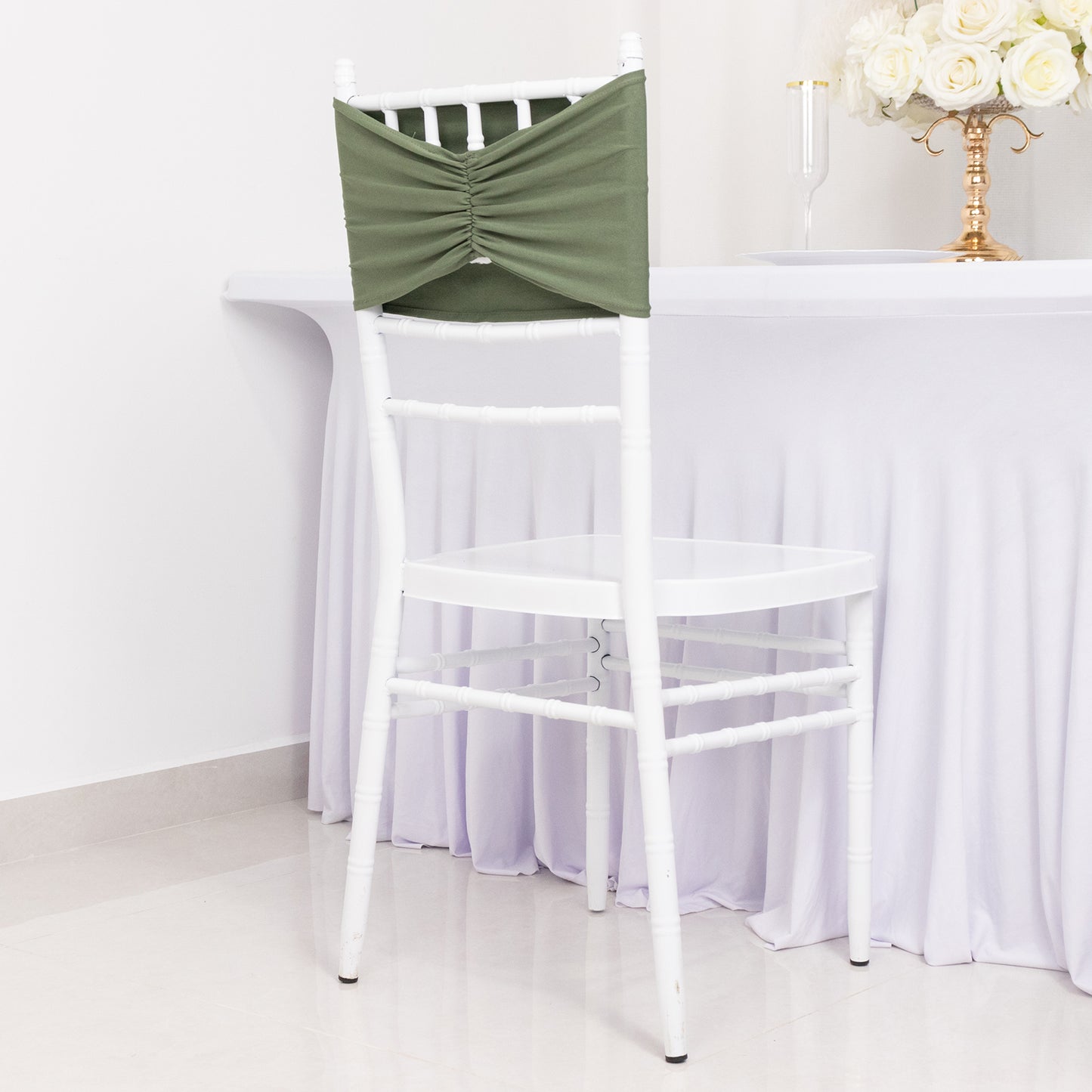 5 Pack Dusty Sage Green Wide Ruffled Fitted Spandex Chair Sash Band - 8"x13"