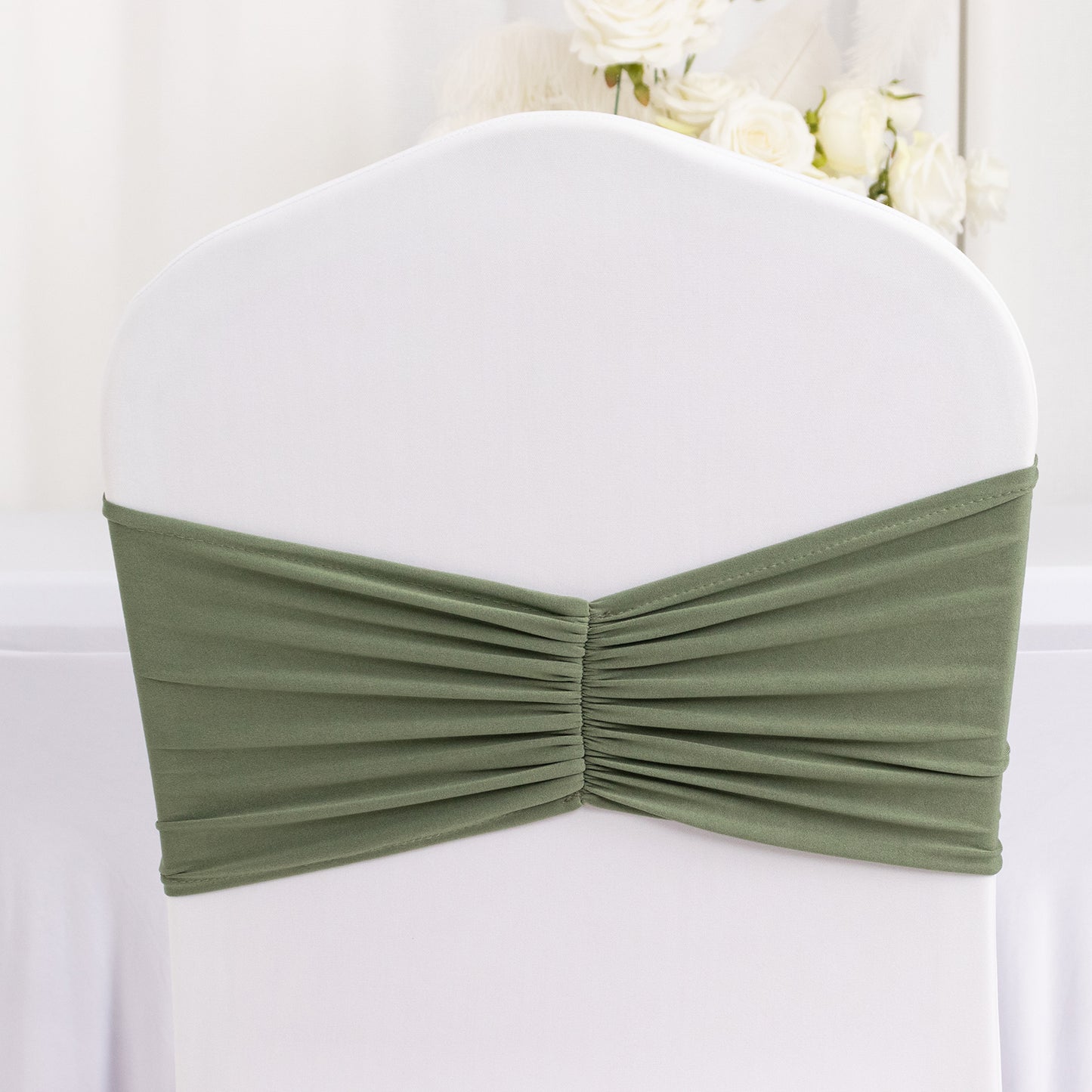 5 Pack Dusty Sage Green Wide Ruffled Fitted Spandex Chair Sash Band - 8"x13"