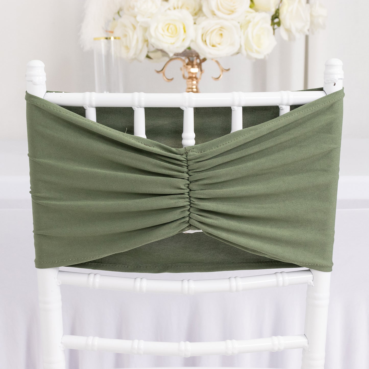 5 Pack Dusty Sage Green Wide Ruffled Fitted Spandex Chair Sash Band - 8"x13"