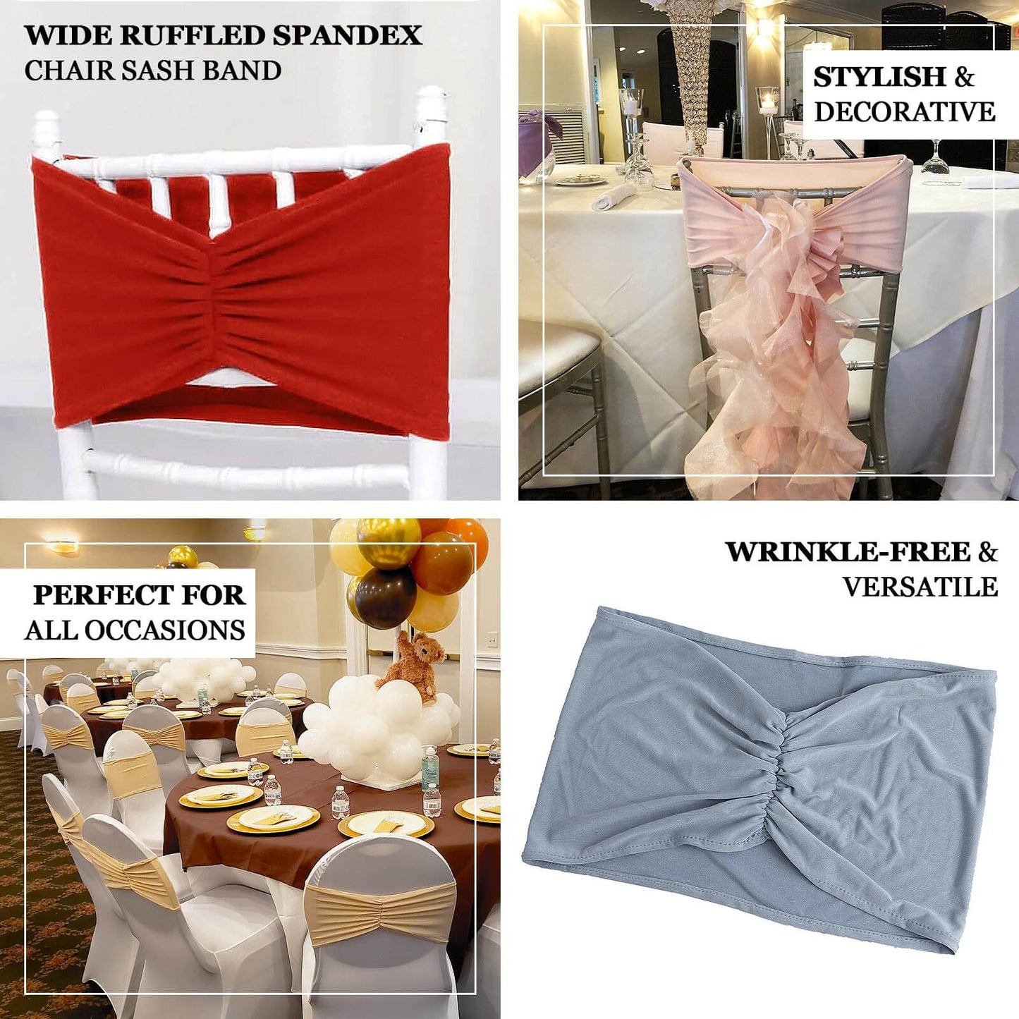 5 Pack White Wide Ruffled Fitted Spandex Chair Sash Band - 8"x13"