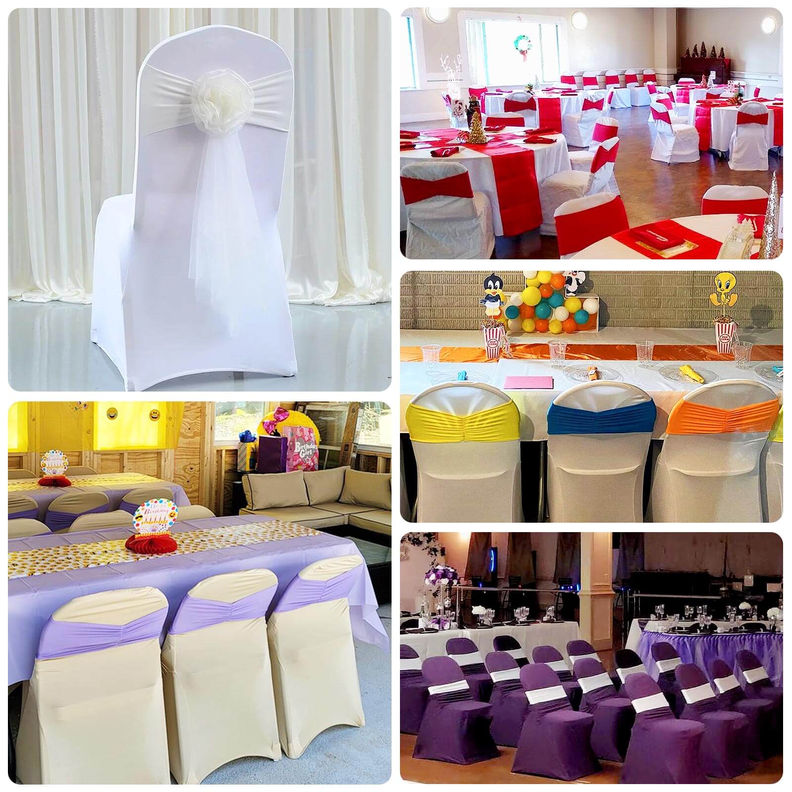 5 Pack White Wide Ruffled Fitted Spandex Chair Sash Band - 8"x13"