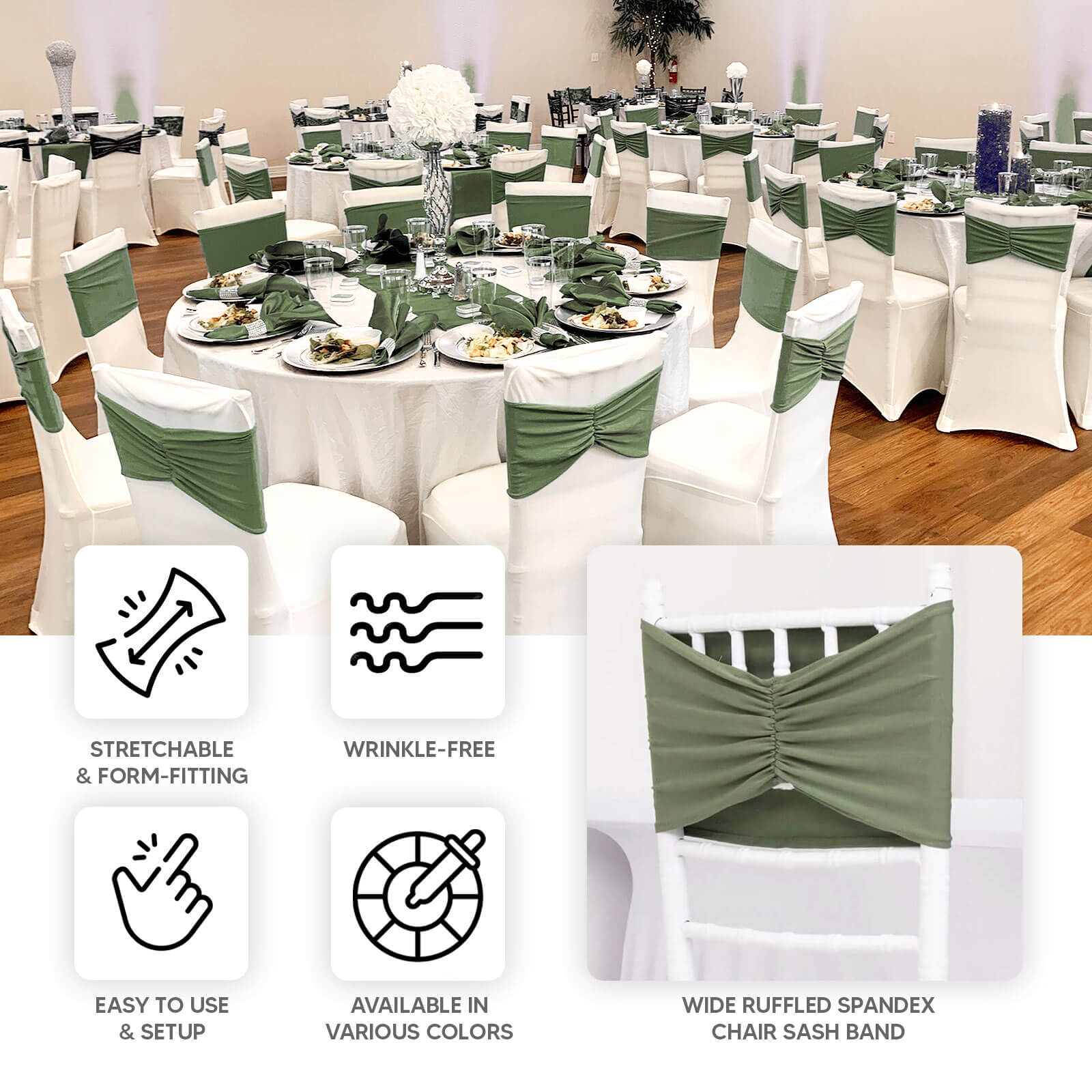 5 Pack Dusty Sage Green Wide Ruffled Fitted Spandex Chair Sash Band - 8"x13"