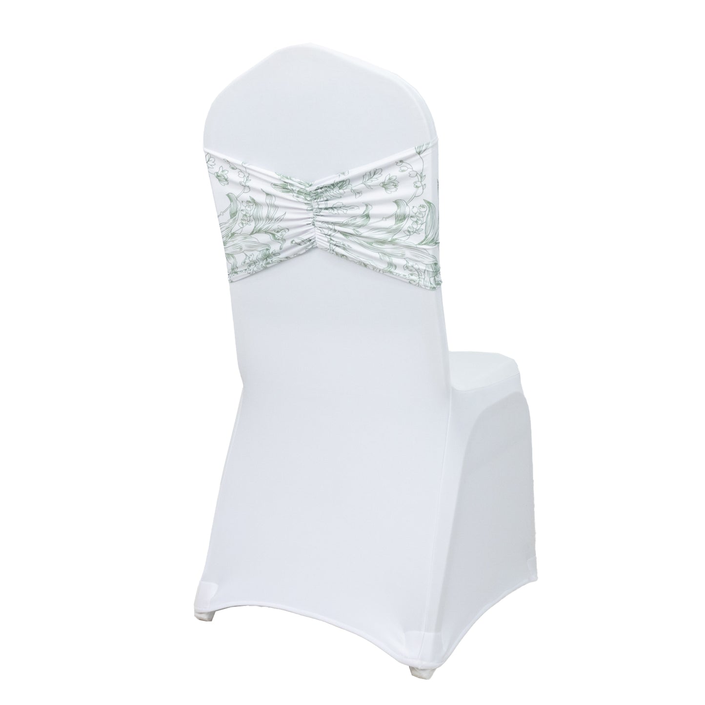 5 Pack Wide Spandex Chair Sashes in White Dusty Sage Green French Toile – Stylish Ruffled Chair Bands - 8"x13"
