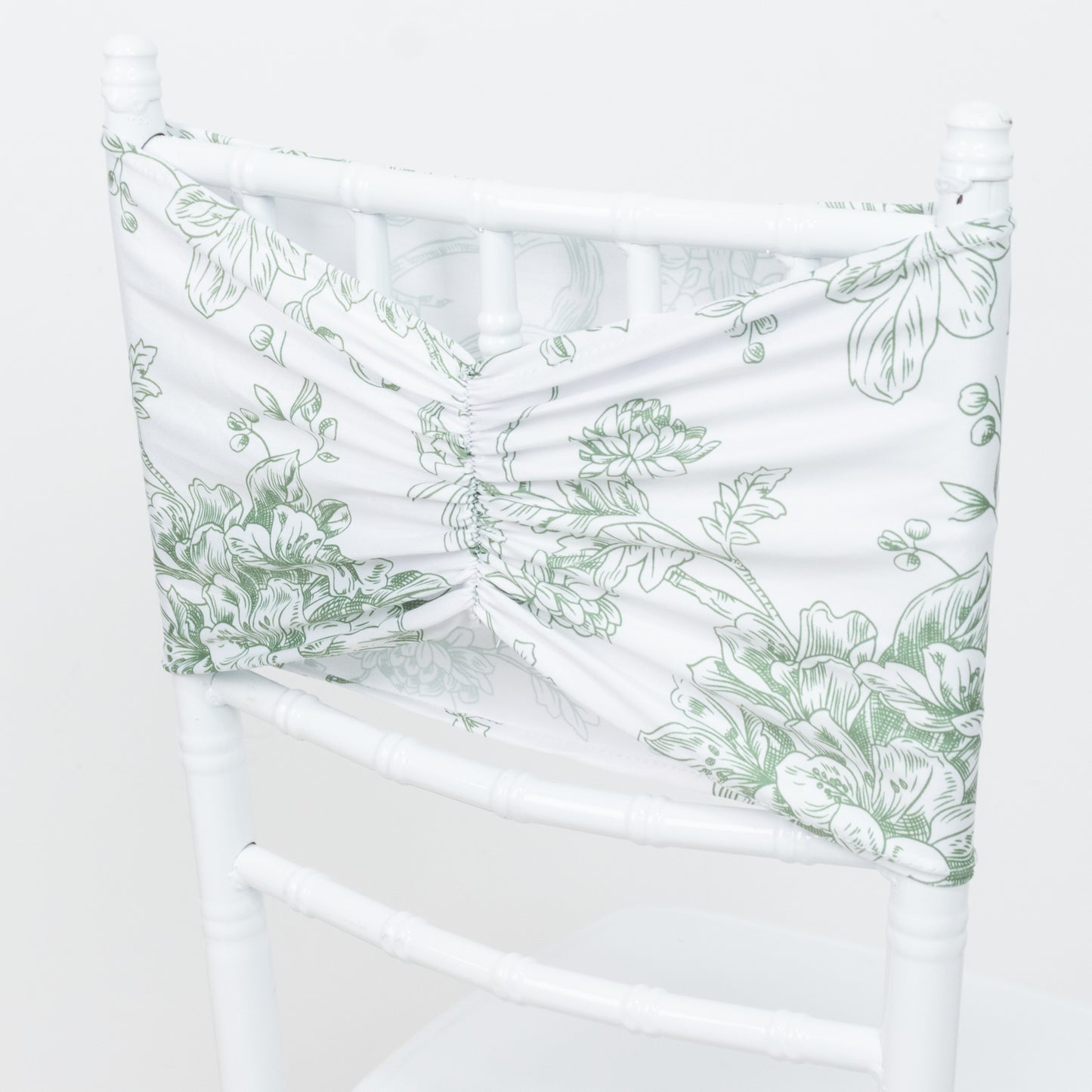 5 Pack Wide Spandex Chair Sashes in White Dusty Sage Green French Toile – Stylish Ruffled Chair Bands - 8"x13"