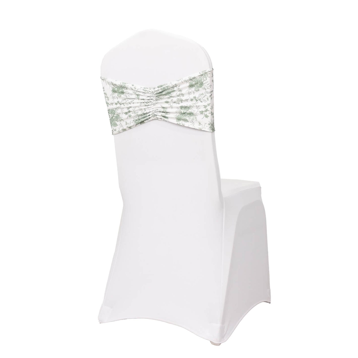5 Pack Dusty Sage Green Wide Ruffled Spandex Chair Sash Band in French Toile Floral Pattern - 8"x13"