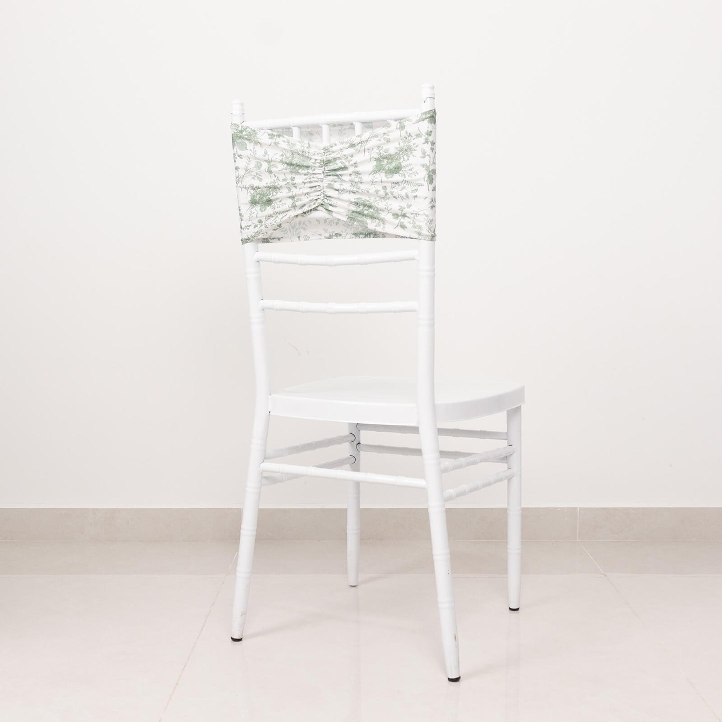 5 Pack Dusty Sage Green Wide Ruffled Spandex Chair Sash Band in French Toile Floral Pattern - 8"x13"