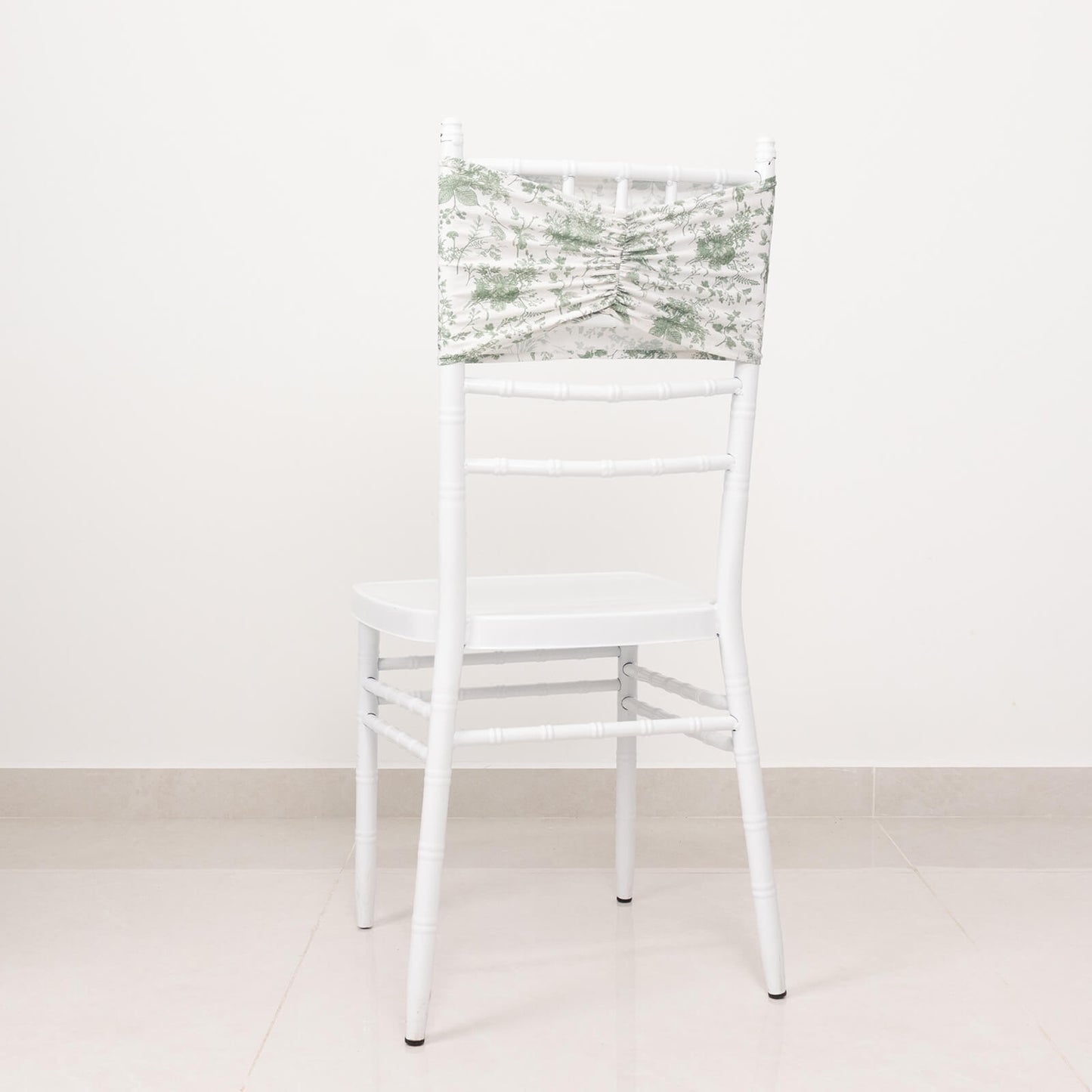 5 Pack Dusty Sage Green Wide Ruffled Spandex Chair Sash Band in French Toile Floral Pattern - 8"x13"