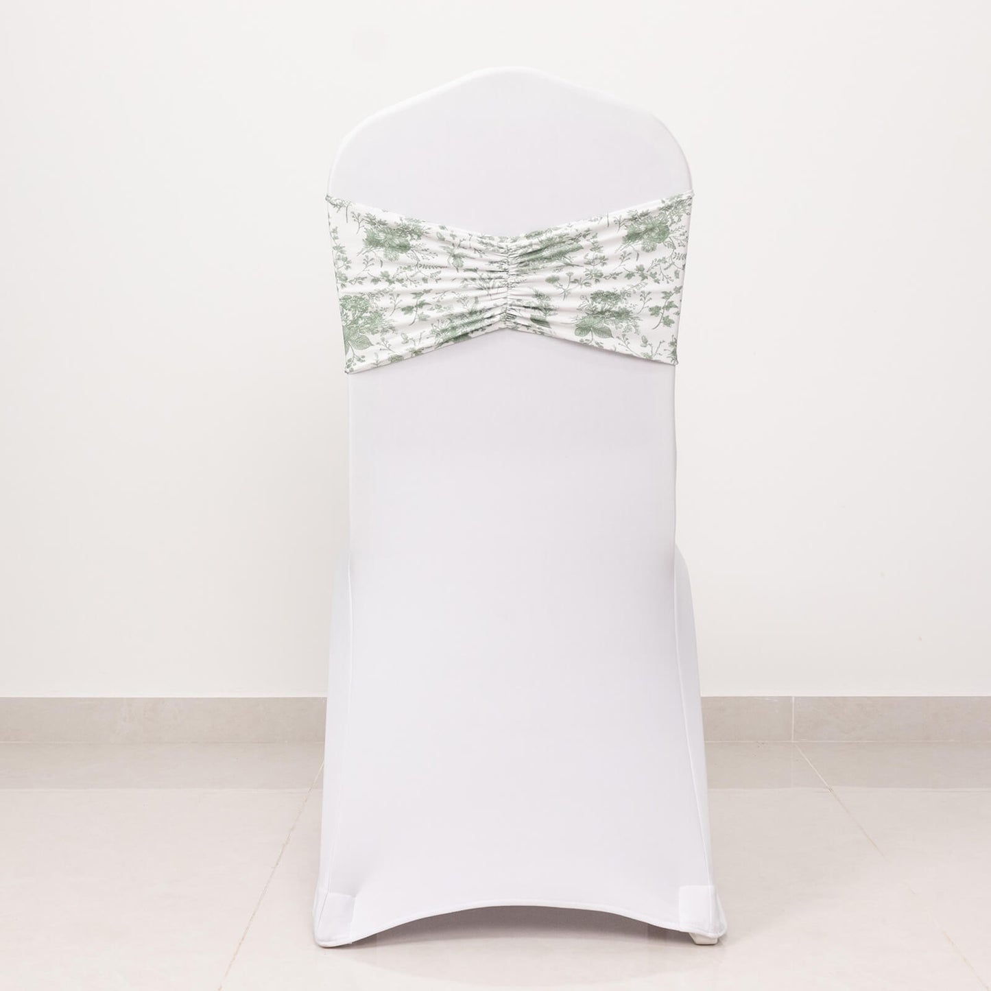 5 Pack Dusty Sage Green Wide Ruffled Spandex Chair Sash Band in French Toile Floral Pattern - 8"x13"