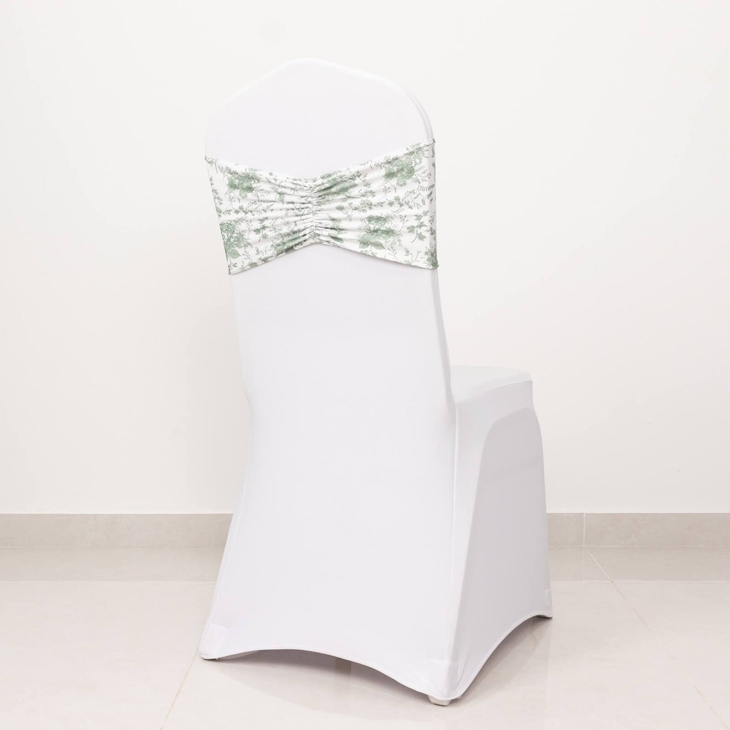 5 Pack Dusty Sage Green Wide Ruffled Spandex Chair Sash Band in French Toile Floral Pattern - 8"x13"