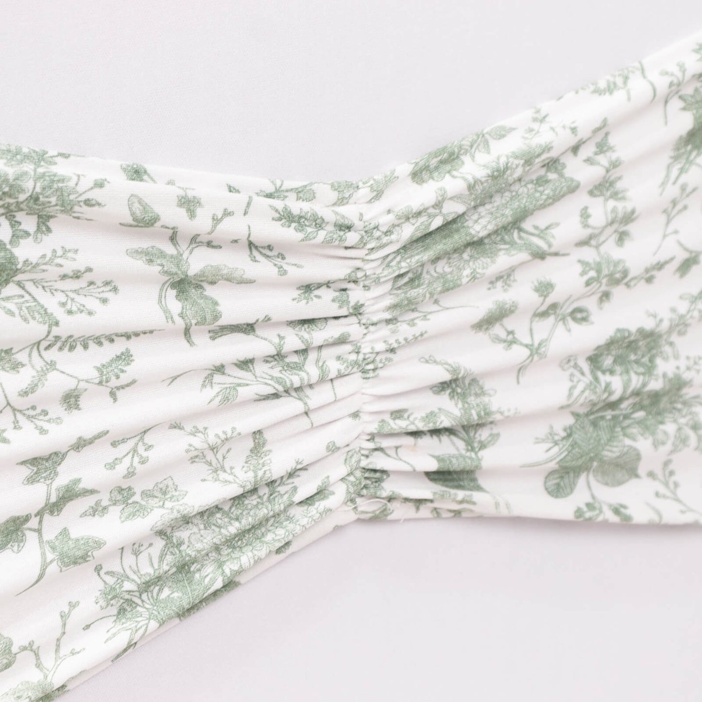 5 Pack Dusty Sage Green Wide Ruffled Spandex Chair Sash Band in French Toile Floral Pattern - 8"x13"