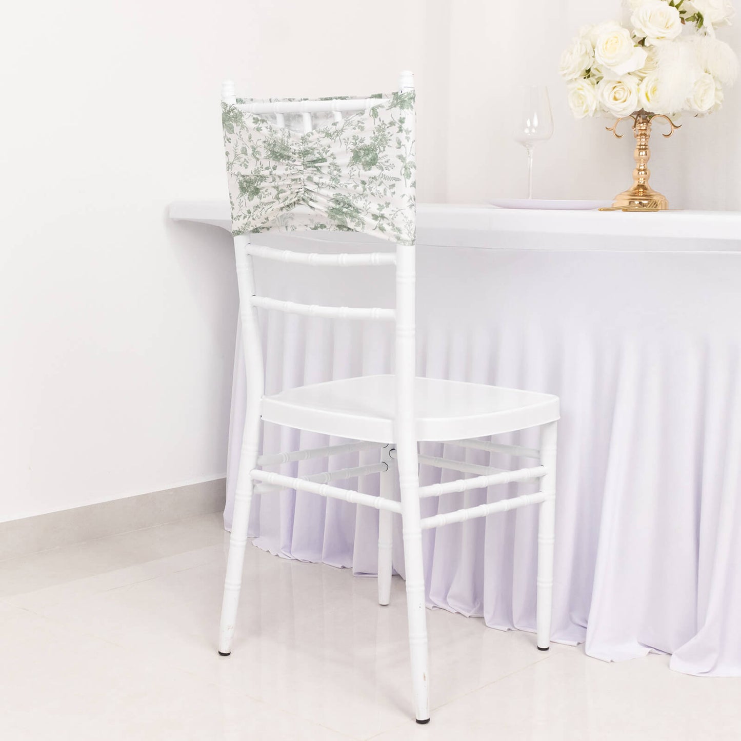 5 Pack Dusty Sage Green Wide Ruffled Spandex Chair Sash Band in French Toile Floral Pattern - 8"x13"