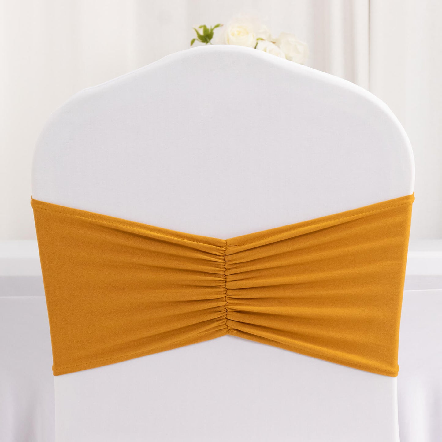 5 Pack Gold Wide Ruffled Fitted Spandex Chair Sash Band - 8"x13"
