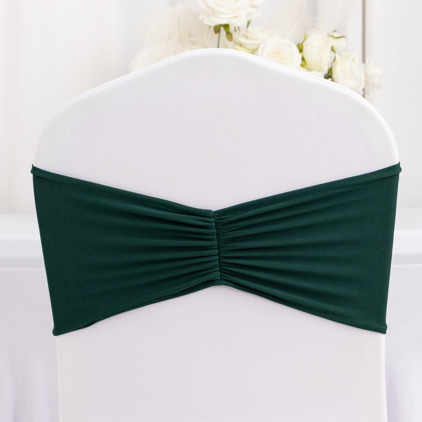 5 Pack Hunter Emerald Green Wide Ruffled Fitted Spandex Chair Sash Band - 8"x13"