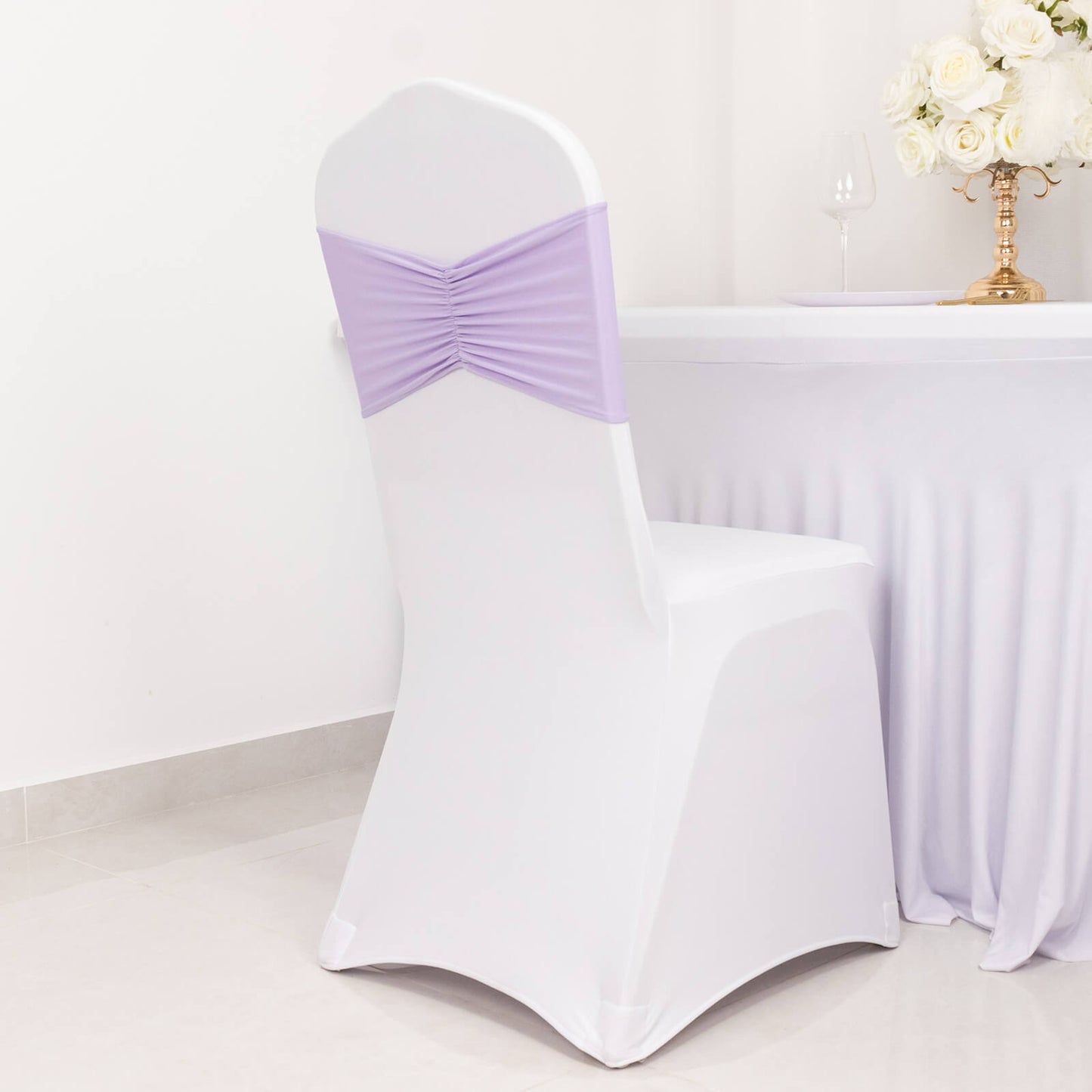 5 Pack Lavender Lilac Wide Ruffled Fitted Spandex Chair Sash Band - 8"x13"