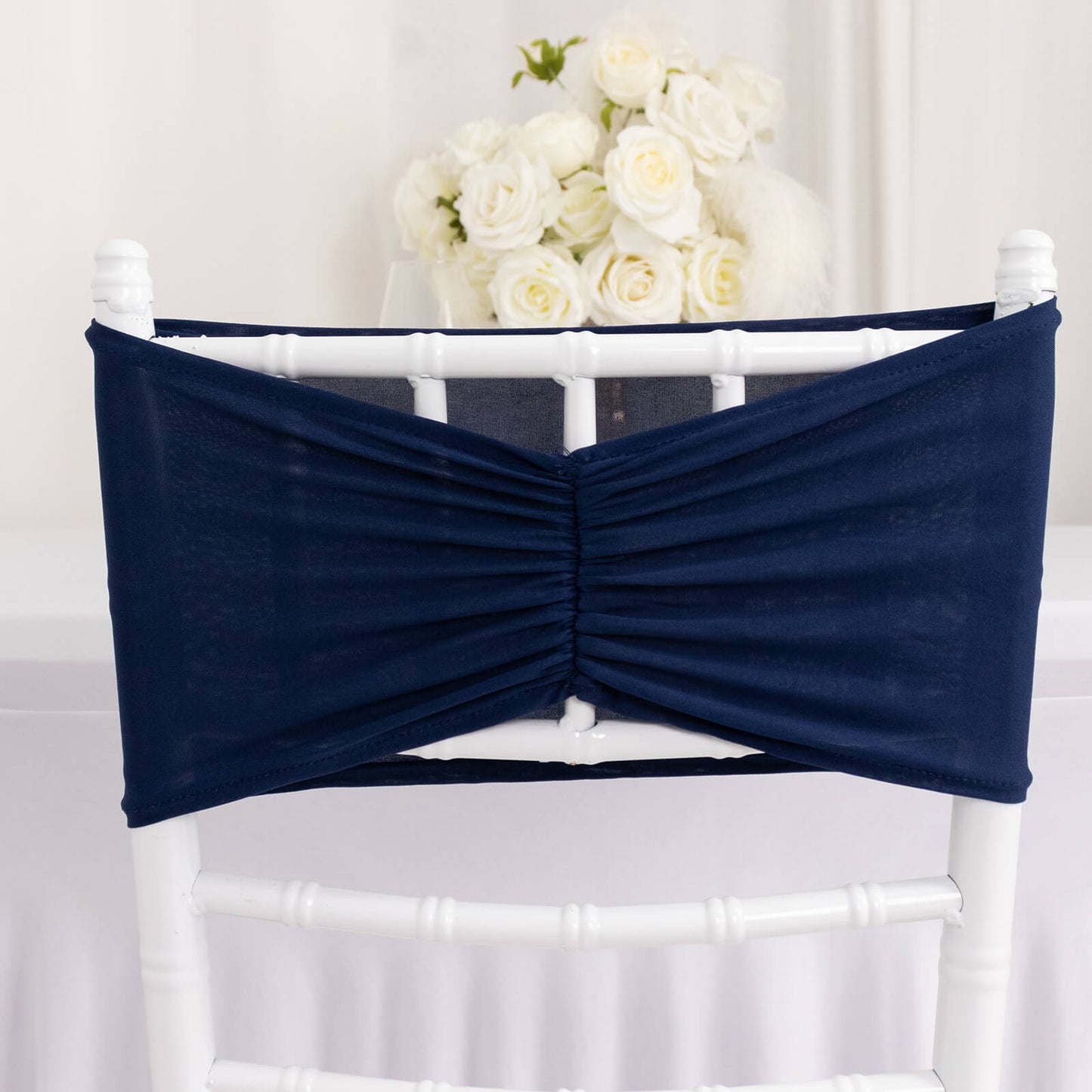 5 Pack Navy Blue Wide Ruffled Fitted Spandex Chair Sash Band - 8"x13"