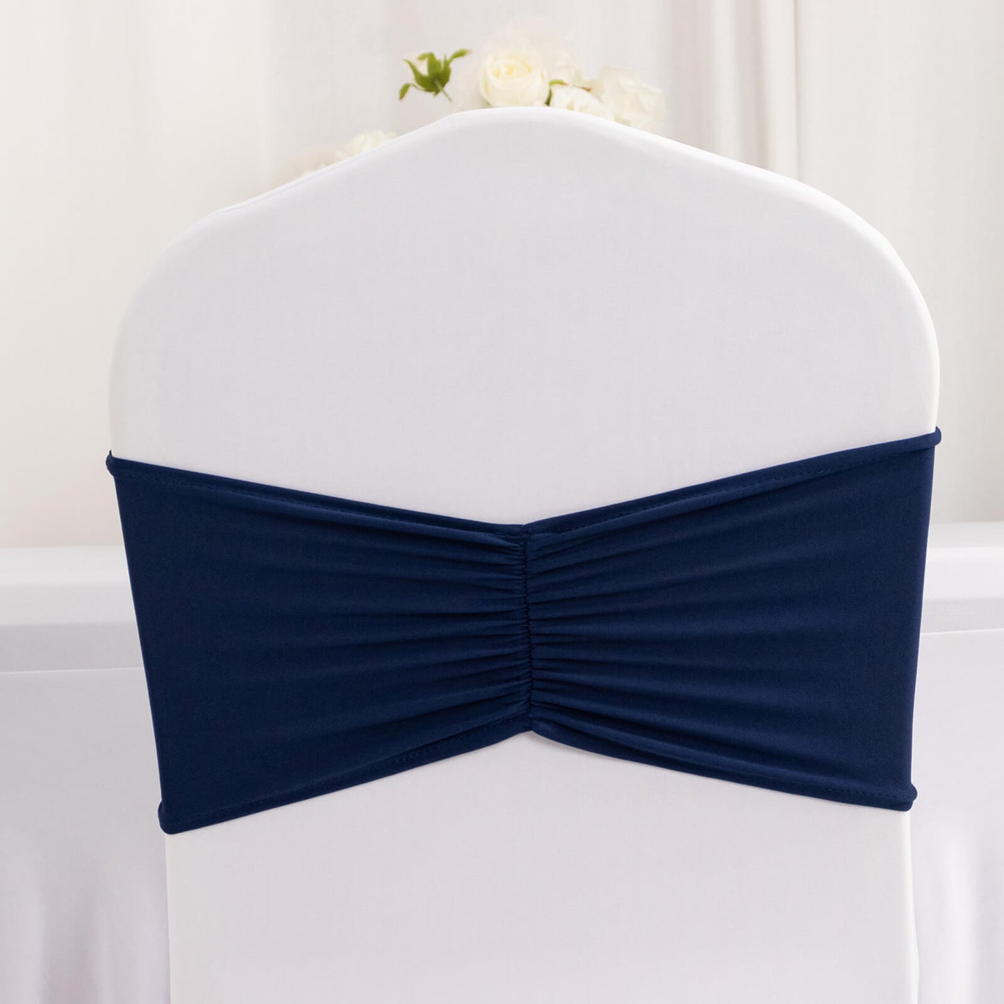 5 Pack Navy Blue Wide Ruffled Fitted Spandex Chair Sash Band - 8"x13"