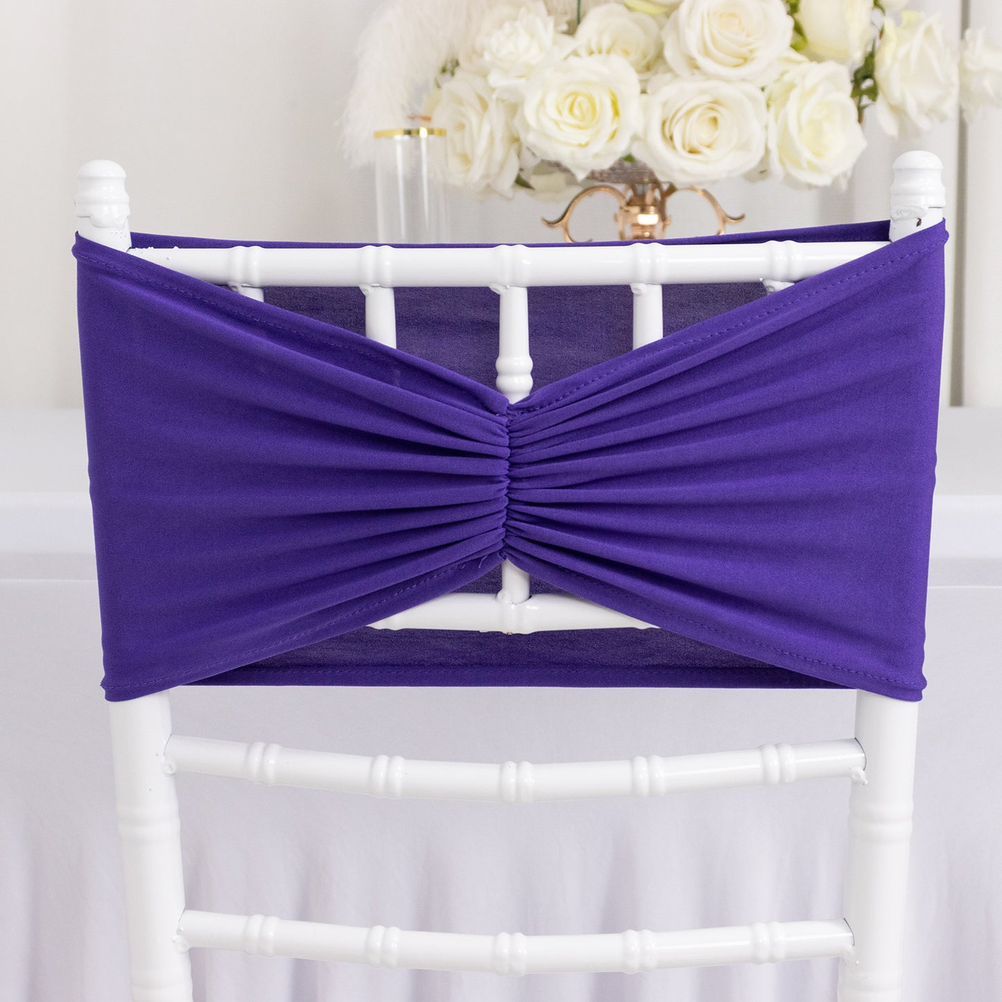 5 Pack Purple Wide Ruffled Fitted Spandex Chair Sash Band - 8"x13"