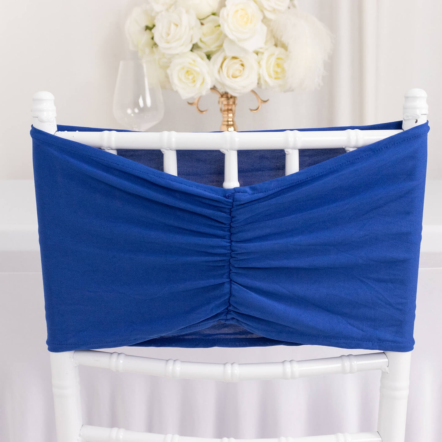 5 Pack Royal Blue Wide Ruffled Fitted Spandex Chair Sash Band - 8"x13"