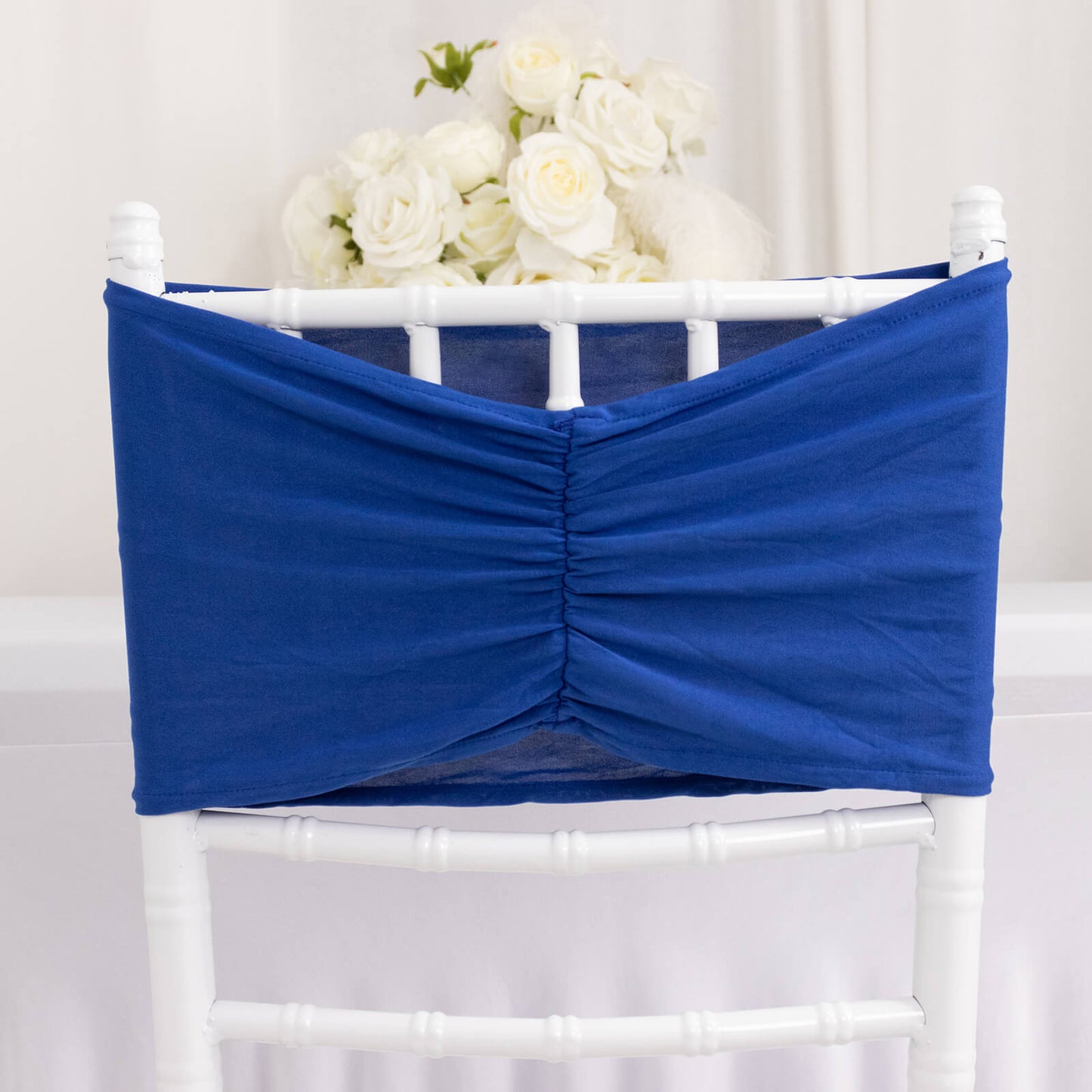 5 Pack Royal Blue Wide Ruffled Fitted Spandex Chair Sash Band - 8"x13"